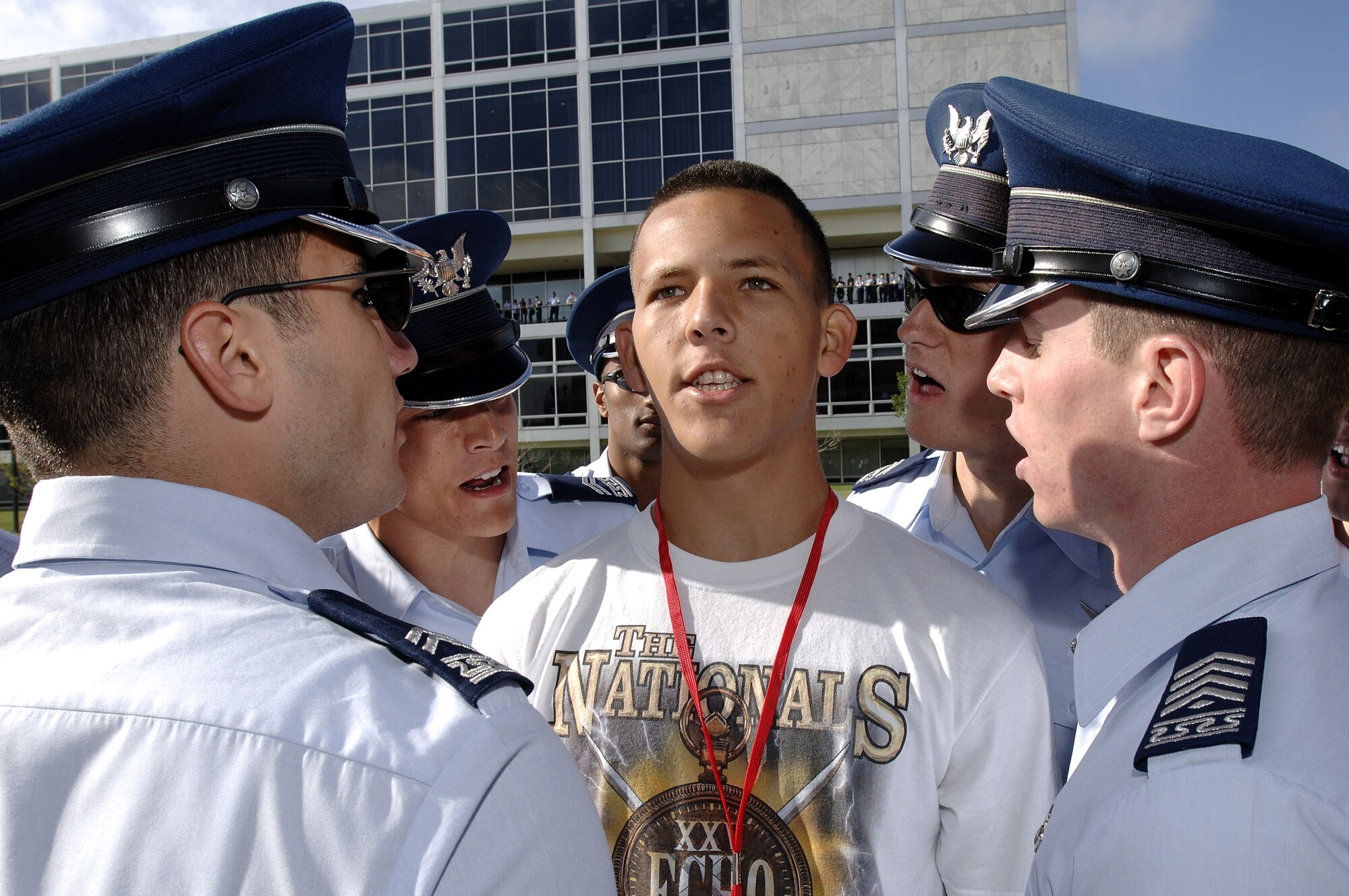 Basic Cadet Trainee Yunior Cruz receives motivational training from numerous upper class cadets during inprocessing into the Class of 2011 June 28 at the U.S. Air Force Academy in Colorado. The 1,304 members arrived June 28 to begin basic cadet training. (U.S. Air Force photo/Mike Kaplan)
