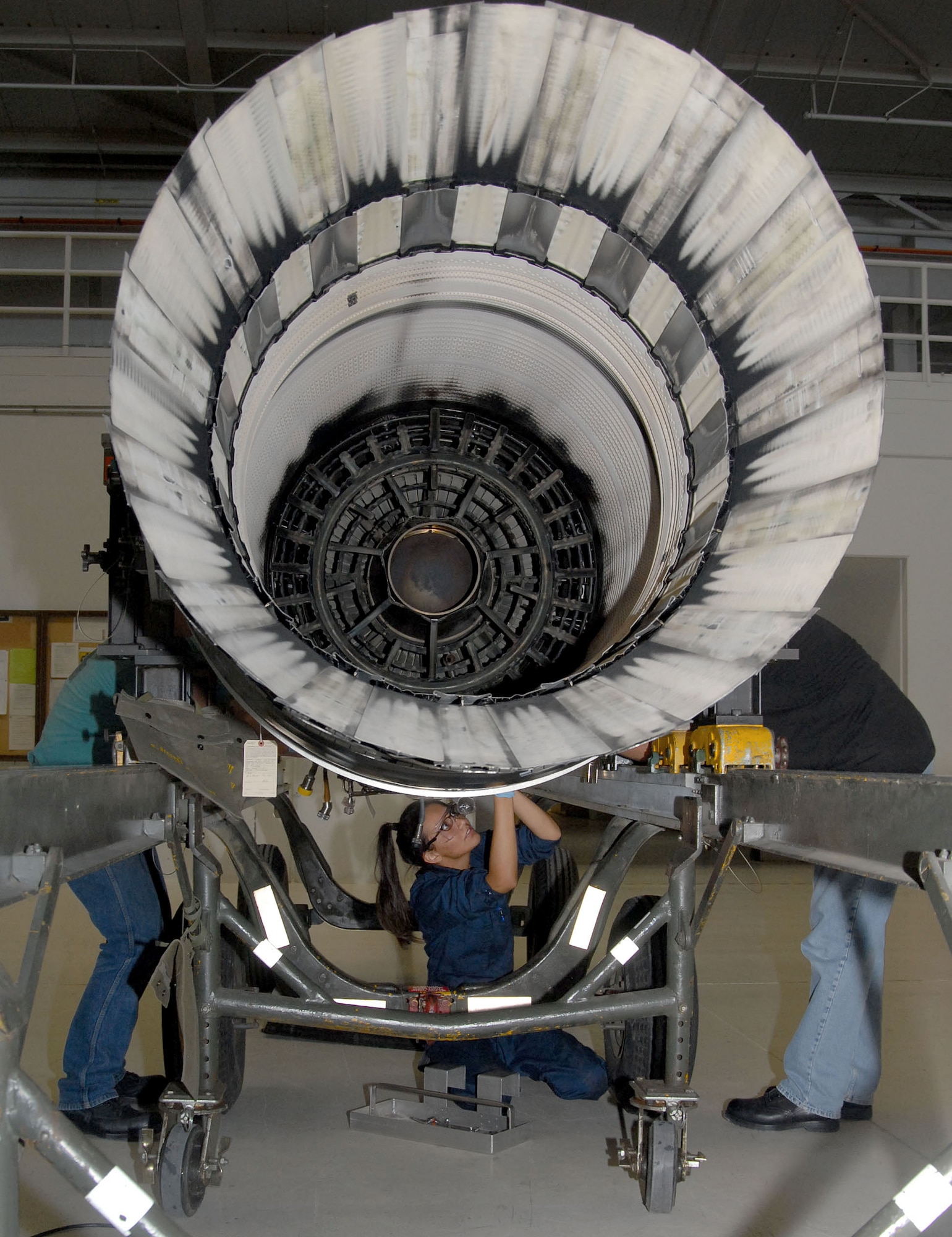412th Maintenance Squadron Propulsion Flight personnel assemble a Pratt and Whitney F100-PW-220 turbofan engine. The jet engine is the powerplant for the F-15 Eagle and F-16 Fighting Falcon. (Photo by Senior Airman Jason Hernandez)