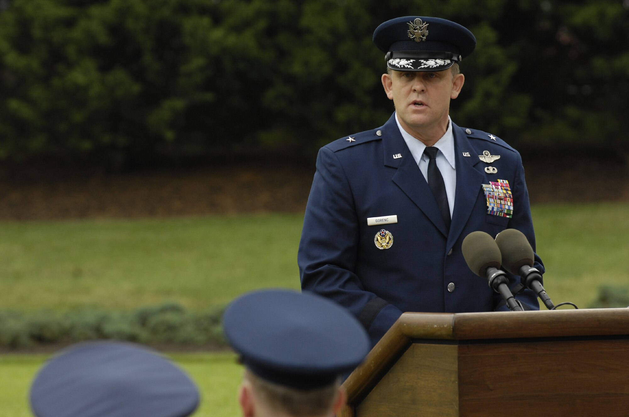 Brig. Gen. Frank Gorenc, Air Force District of Washington commander, delivers his first speech after assuming command of AFDW from Maj. Gen. Robert L. Smolen at the June 29 on the U. S. Air Force Ceremonial Lawn on Bolling. (U.S. Air Force photo by Senior Airman Dan DeCook)