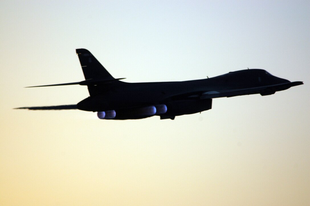 A B-1B Lancer with the 34th Expeditionary Bomb Squadron here takes off on a sortie June 22. The B-1B carries the largest payload of both guided and unguided weapons of any aircraft in the Air Force’s inventory. It has been called the backbone of America’s long-range bomber force. (U.S. Air Force photo by Senior Airman Clark Staehle)