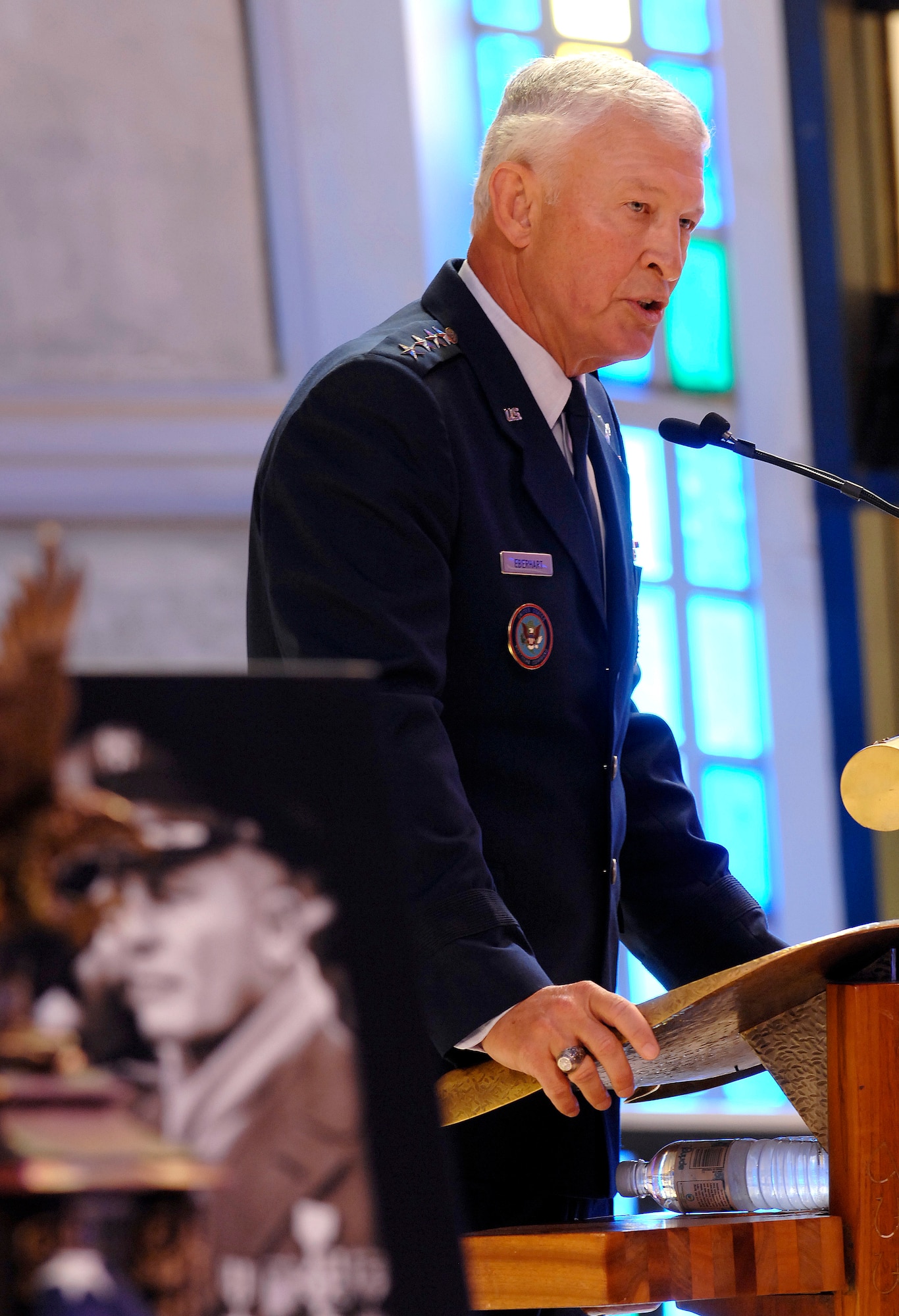 Retired Gen. Ralph "Ed" Eberhart, former commander of U.S. Northern Command, addresses well-wishers June 30 at the U.S. Air Force Academy Cadet Chapel during the memorial service for legendary fighter pilot, retired Brig. Gen. Robin Olds. General Olds died June 14 in Steamboat Springs, Colo.  (U.S. Air Force photo/Dennis Rogers)