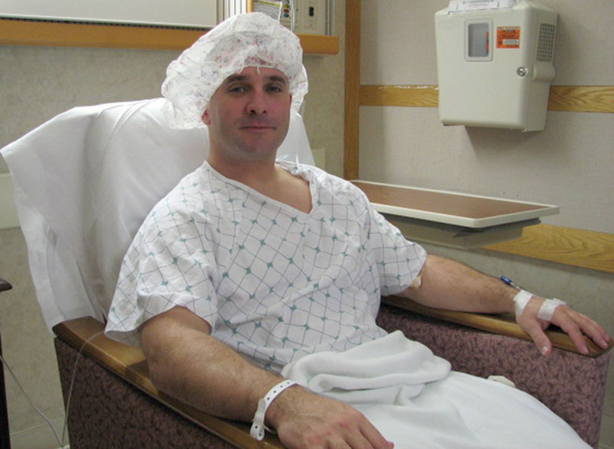 Master Sgt. Michael Castillo, 22nd Logistics Readiness Squadron member, prepares to undergo bone marrow extraction surgery Jan. 3 at Georgetown University Hospital. Sergeant Castillo is a volunteer bone marrow donor and a registered member of the C.W. Bill Young Department of Defense Marrow Donor Program.  (Air Force photo by Master Sgt. Francine Bish)