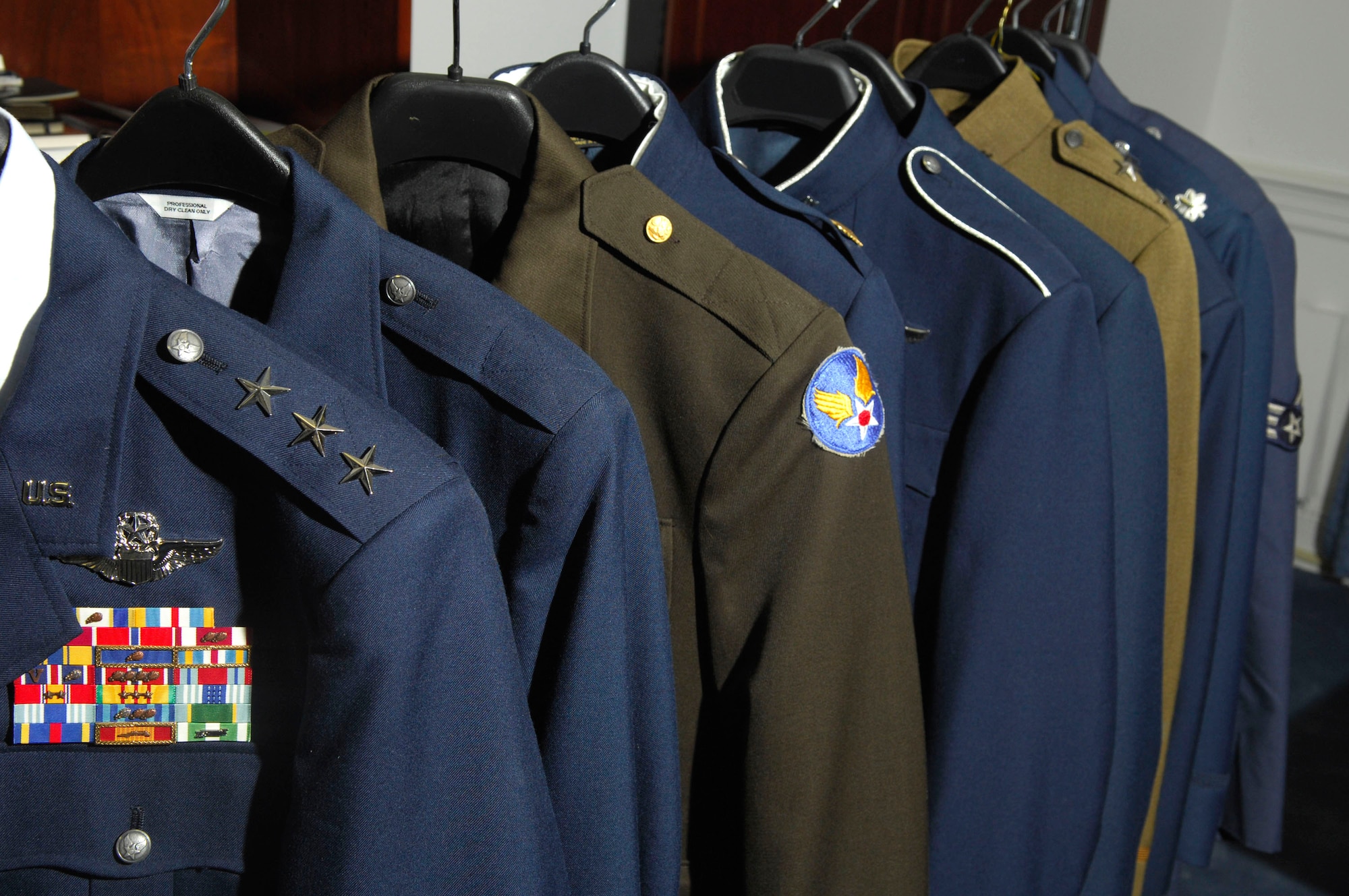 The new Airman Battle Uniforms will start being distributed to Airmen participating in Air Expeditionary Force 7 and 8 before the rest of the Air Force receives them. The new service coat is now in it's developing stage and the service coat has gone through many changes over the years. (U.S. Air Force photo/Tech. Sgt. Cohen A. Young) 