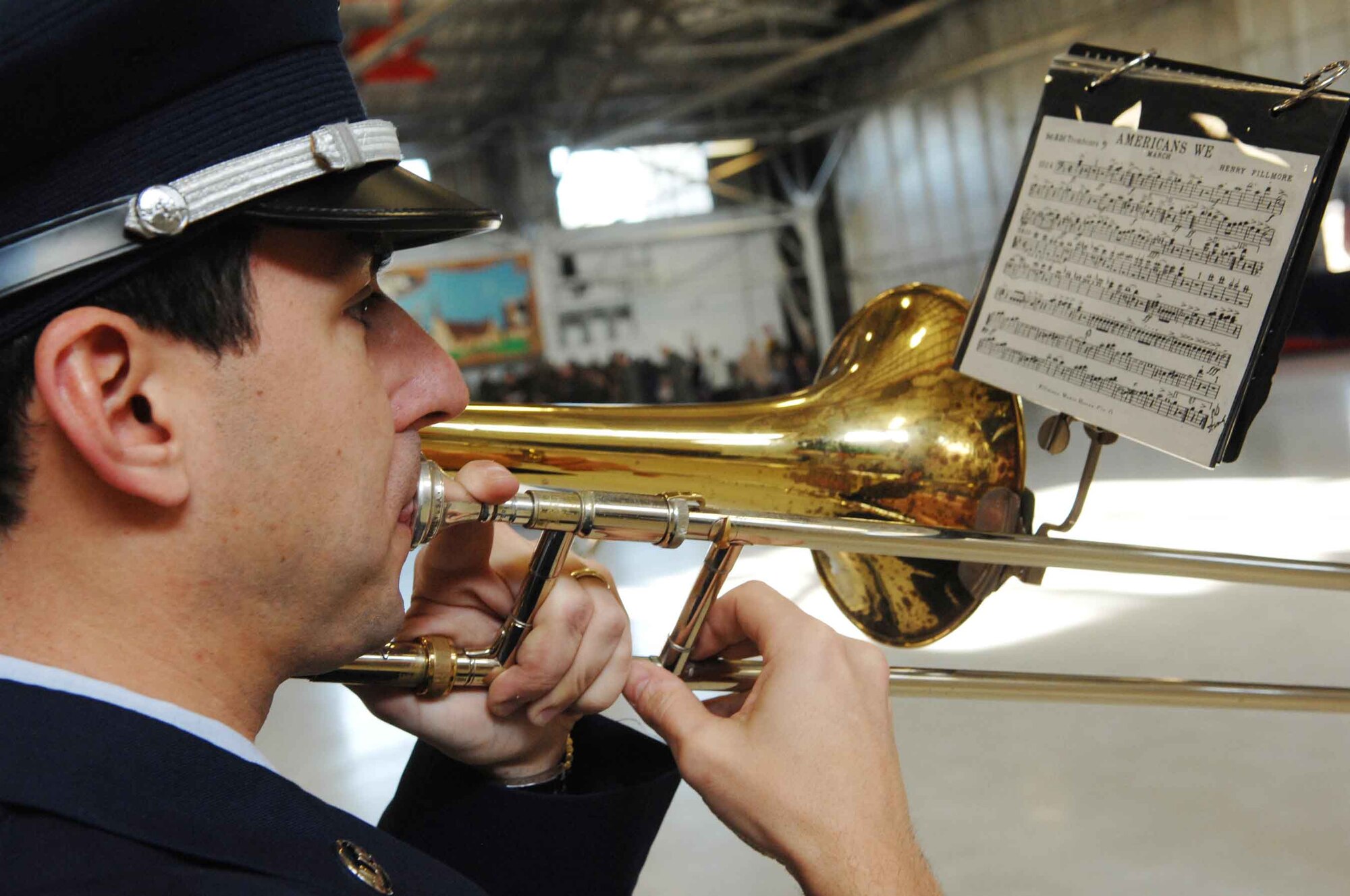 SHAW AIR FORCE BASE, S.C. -- Tech. Sgt. Keith Fitzgerald, a member of the U.S. Air Force Heritage of America Band from Langley Air Force Base, Va., performs during the 20th Fighter Wing change of command ceremony Feb. 28. Col. James Post III took command from Col. Bill Hyatt, who will take command of the 455th Air Expeditionary Wing in Bagram Airfield, Afghanistan. (U.S. Air Force photo/Staff Sgt. Joseph Cole)