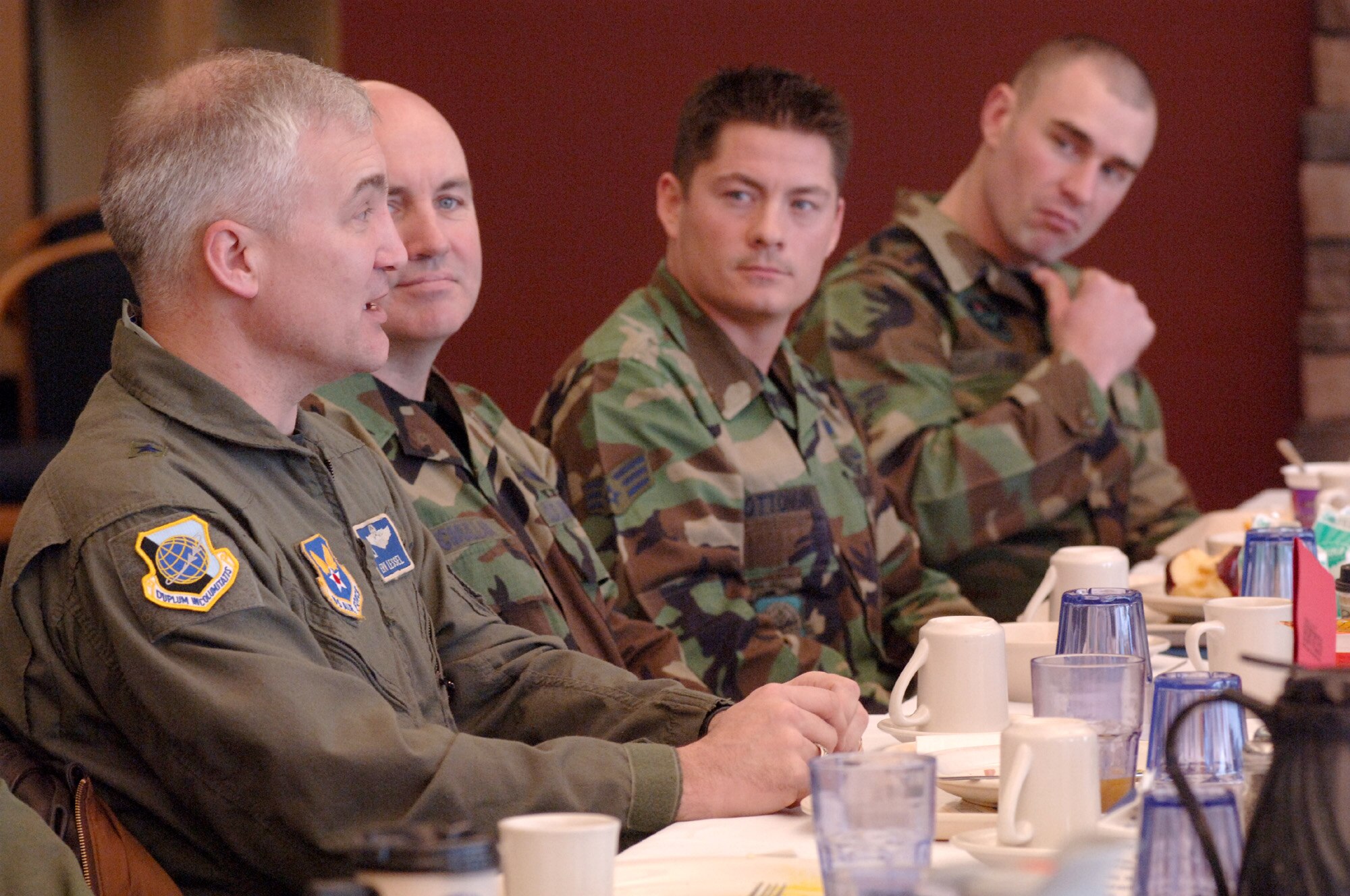 Brig. Gen. Erwin F. “Erv” Lessel, the Air Force Director of Communication and a former 92nd Air Refueling Wing commander, speaks with Fairchild Airmen at an Airmen’s Breakfast at the Warrior Dining Facility Wednesday. The general kicked off the 60th Anniversary Speakers’ Symposium commemorating the separation of the Air Force into its own branch of the armed forces. (Photo by Senior Airman Chad Watkins)