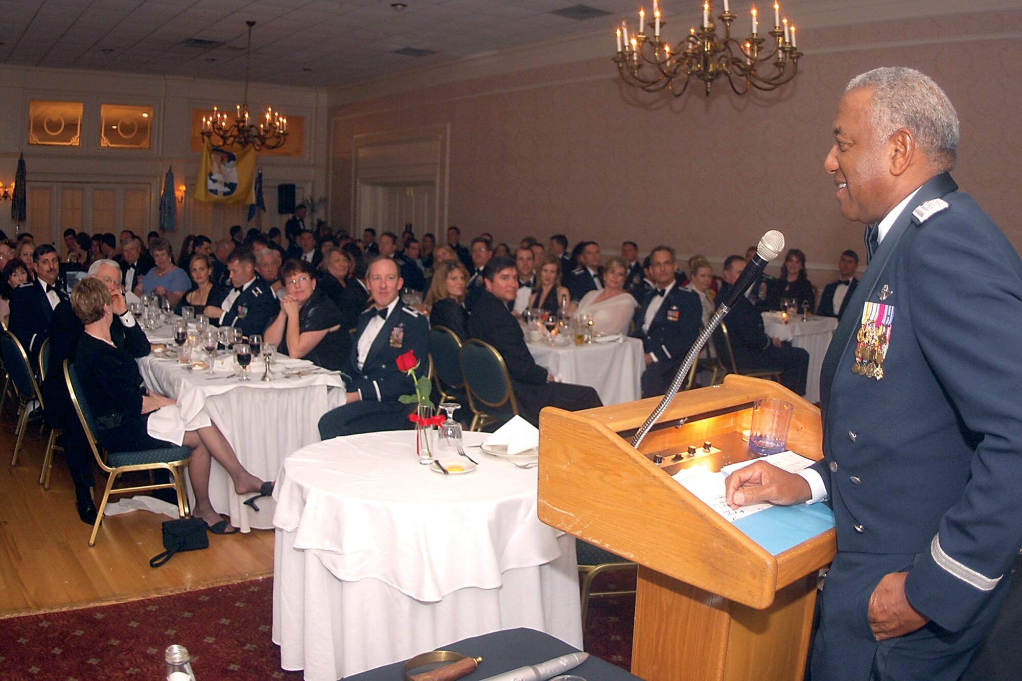 Gen. (Ret.) Lloyd “Fig” Newton, discusses the 479th Flying Training Group legacy during its final dining out event Feb. 24, at the Valdosta Country Club. The 479th FTG is scheduled to deactivate later this year. The aircraft and many of the staff will be transferred to other bases and units throughout the Air Force.
(U.S. Air Force photo by Senior Airman Angelita Lawrence)  
