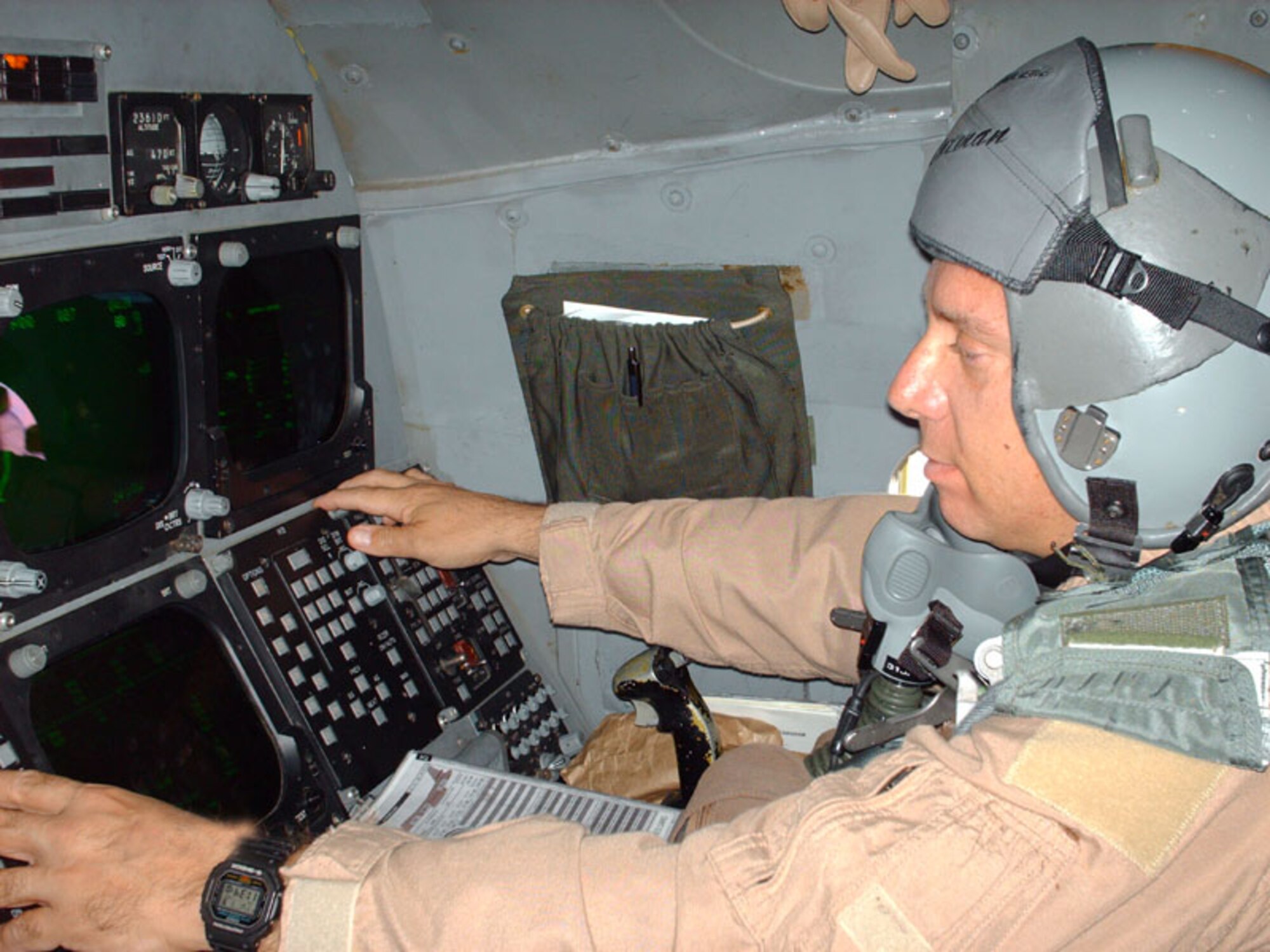 Maj. Wayne Catanzaro reaches his 4,500th flying hour at his weapons system officer station while flying a close air support mission. The B-1 is currently supporting Operations Iraqi and Enduring Freedom and has the capability to respond to different threats in separate theaters on the same day. Major Catanzaro recently returned to Ellsworth after a nearly five-month deployment to Southwest Asia.


