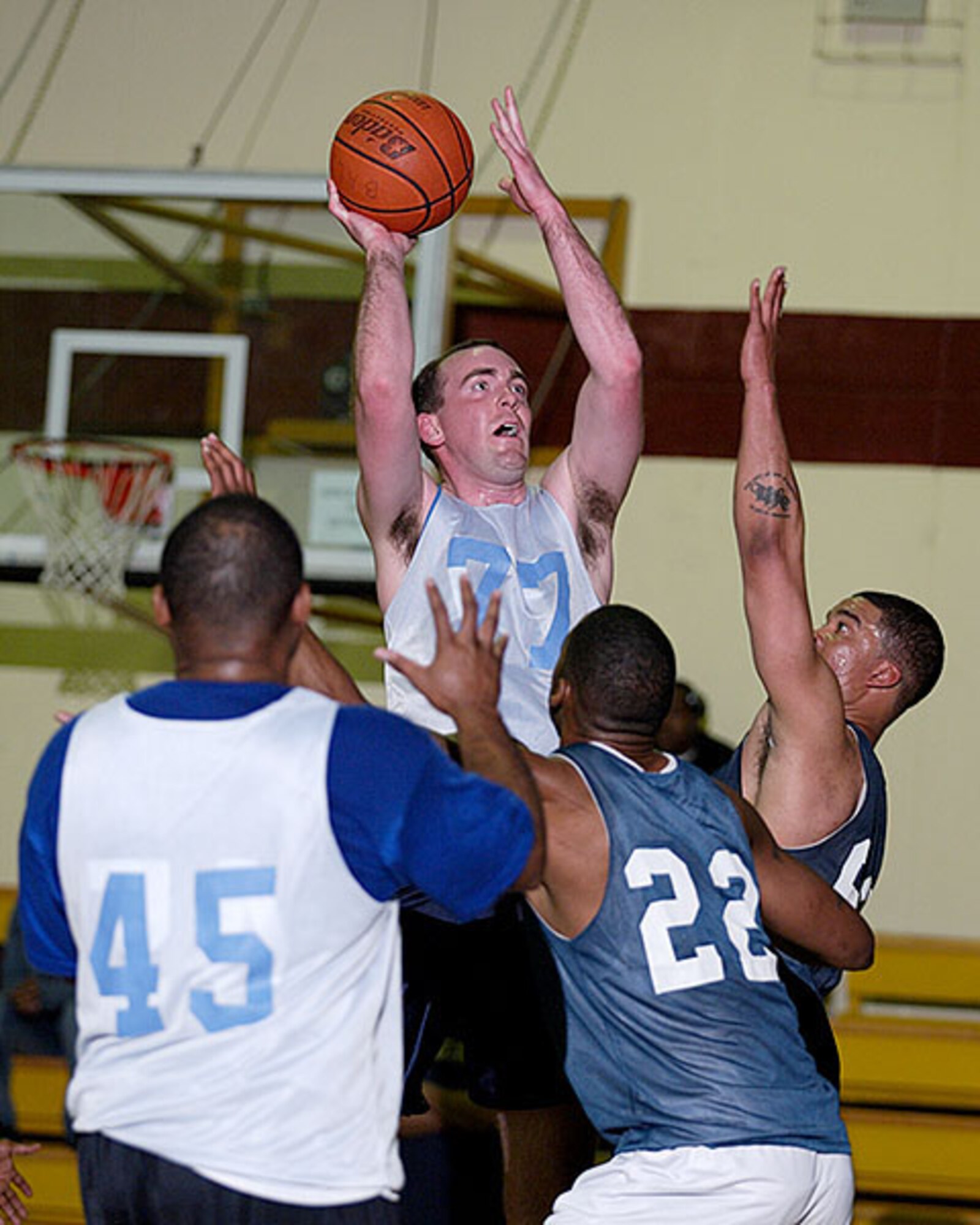 The 39th Civil Engineer, Mission Support and Services Squadron combined team beat the 39th Security Forces Squadron 48-44 in the Intramural Basketball Championship game at the fitness center Feb. 28. (U.S. Air Force photo by Ismael Gomez)