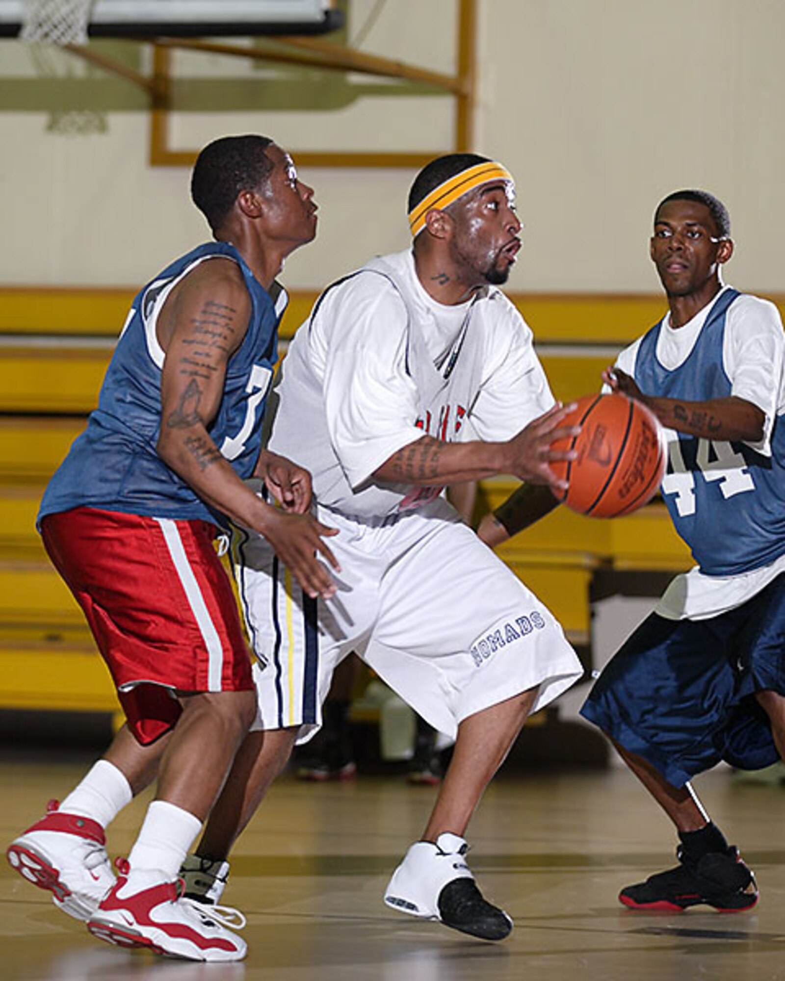 The 39th Civil Engineer, Mission Support and Services Squadron combined team beat the 39th Security Forces Squadron 48-44 in the Intramural Basketball Championship game at the fitness center Feb. 28. (U.S. Air Force photo by Ismael Gomez)