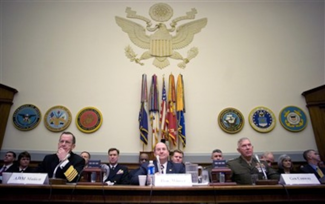 From left: Chief of Naval Operations Adm. Mike Mullen, Secretary of the Navy Donald C. Winter and Commandant of the Marine Corps Gen. James T. Conway testify to the House Armed Services Committee on the 2008 National Defense Budget Request at the Rayburn House Office Building in Washington, D.C., March 1, 2007.