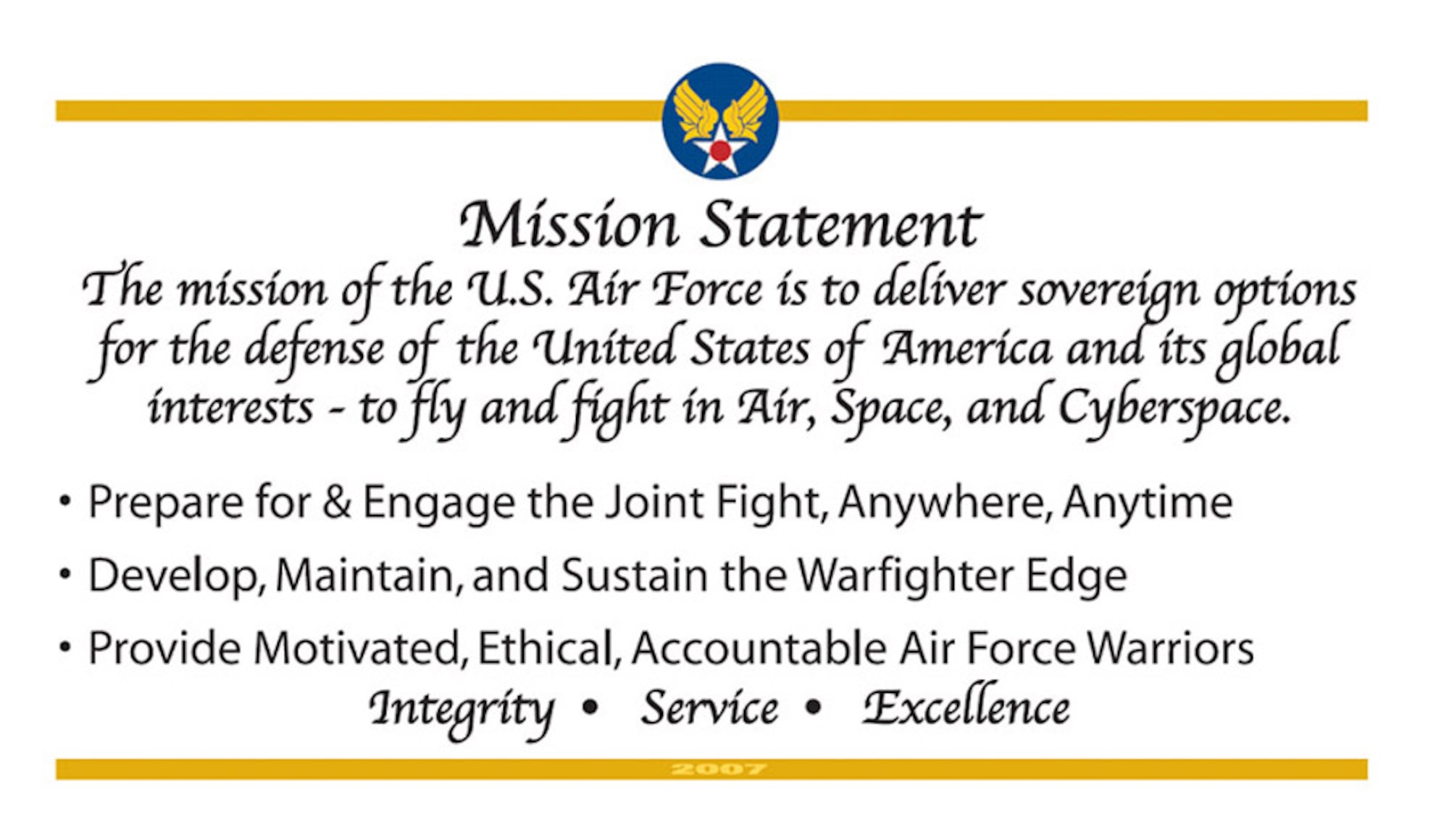 When Secretary of the Air Force Michael W. Wynne spoke at his town hall meeting at the Pentagon earlier this year, he discussed some of the issues facing the Air Force today, as well as its strengths and his goals for 2007. One of the ways he's spreading those goals is through a mission, or "goal card." (U.S. Air Force graphic)