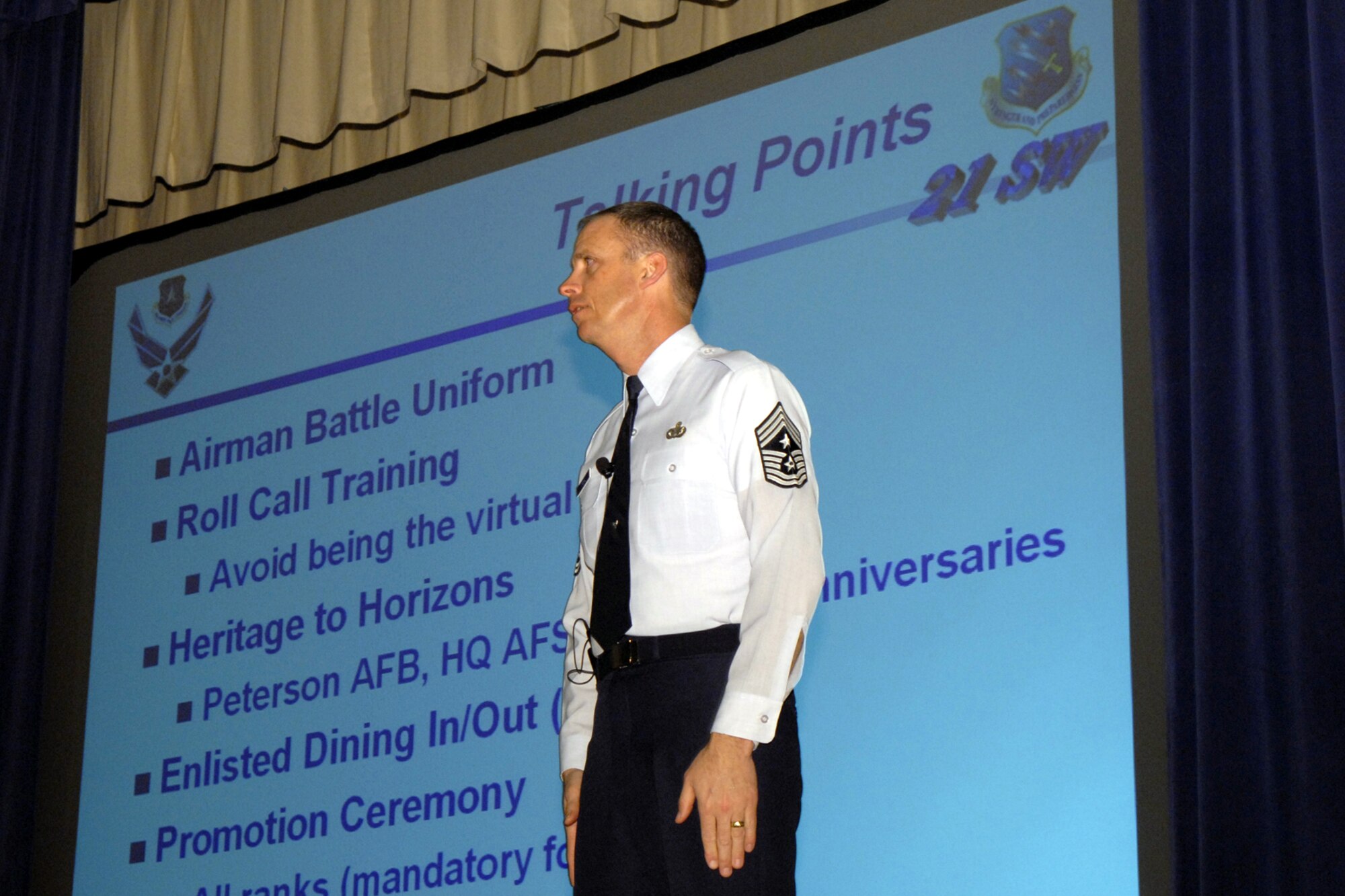 Chief Master Sgt. Timothy M. Omdal, 21st Space Wing command chief, held an NCO call Jan. 30 at the base auditorium to discuss the commander’s top priorities and his expectations of the NCO corp. The call was held in two sessions to give all staff and technical sergeants an opportunity to attend. During the NCO call, Airmen 1st Class Sara Wieneck and Ricardo Wood staged a parody of what they consider necessary qualities of a good supervisor. Tech. Sgt. Alyse Partridge, president of Junior Enlisted Association, also spoke on membership issues and the need for more NCO involvement. (U.S. Air Force photo by Allen Clutter)