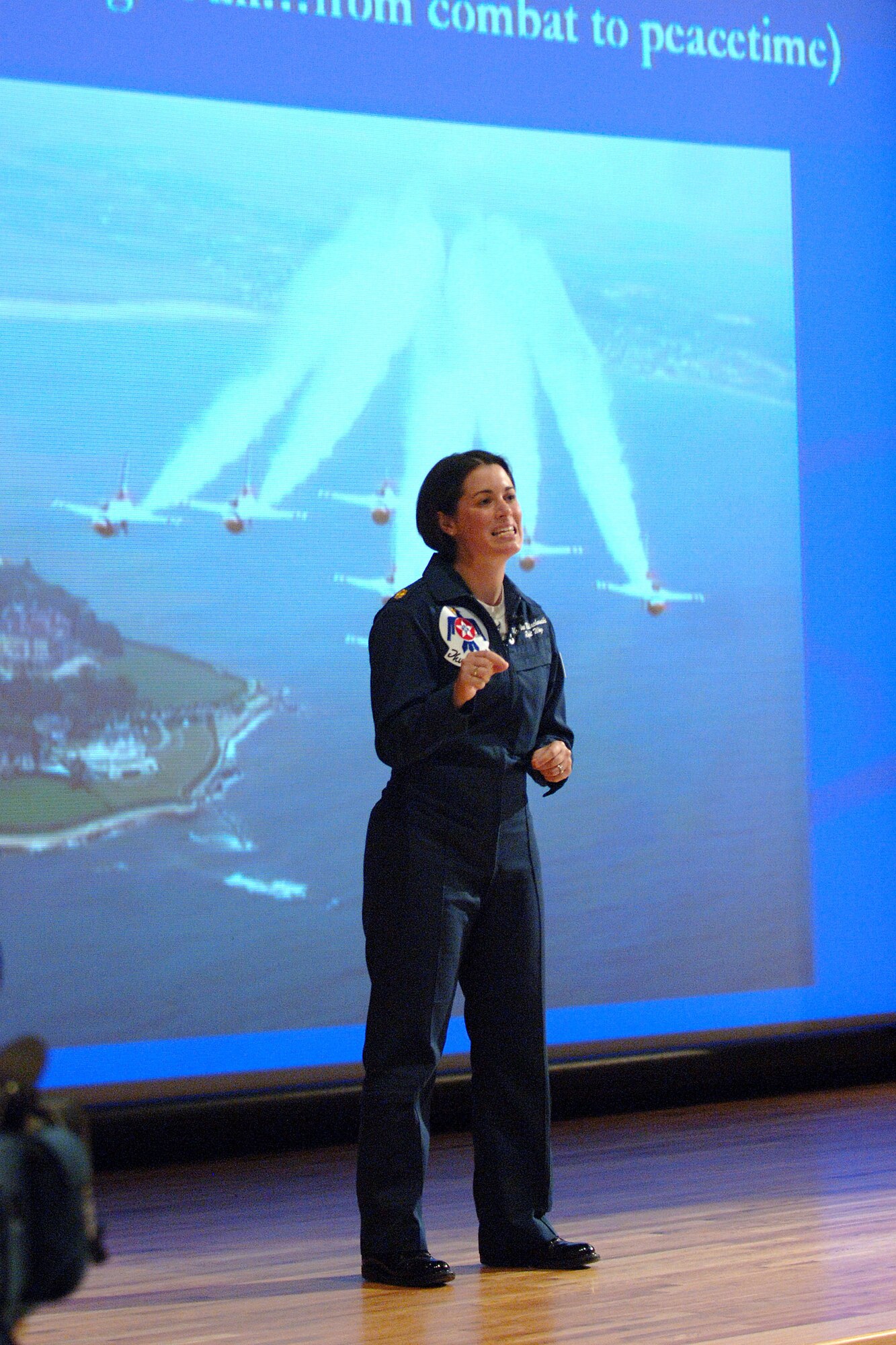 Major Nicole Malachowski an Air Force Thunderbirds Aerial Demonstration Team pilot gives a speech at the Air Force Academy's 14th Annual National Character and Leadership Symposium March 1 in Colorado Springs, Colo. Major Malachowski, a 1996 academy graduate, spoke to academy cadets and local area highschool students about teamwork and diversity in the Air Force. (U.S. Air Force photo/Joel Strayer)