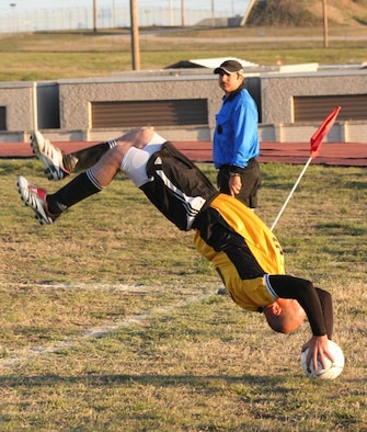 Zakary Fowkes, 373rd Training Squadron, Detachment 7, does a flip throw into the goal at the Annual Defenders Cup. (Courtesy photo)