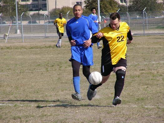 Jeffrey Lazenby, 1st Special Operations Helicopter Maintenance Squadron, kicks it during the Defenders Cup tournament in San Antonio Feb. 17-19. (Courtesy photo)