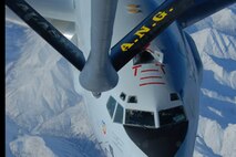 EIELSON AIR FORCE BASE, Alaska--An E-3 Sentry (AWACS) sits in the precontact position awaiting aerial refueling by the 168th Air Refueling Wing, Alaska Air National Guard KC-135 over the arctic on 27 Feb, 2007. The AWACS is assigned to the 962nd AACS, Elmendorf AFB, Alaska.(U.S. Air Force photo by Master Sgt. Robert Wieland) 