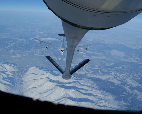 EIELSON AIR FORCE BASE, Alaska--An E-3 Sentry (AWACS)sits in the precontact position awaiting aerial refueling by the 168th Air Refueling Wing, Alaska Air National Guard KC-135 over the arctic on 27 Feb, 2007. The AWACS aircraft is assigned to the 962nd AACS, Elmendorf AFB, Alaska.(U.S. Air Force photo by Master Sgt. Robert Wieland) 