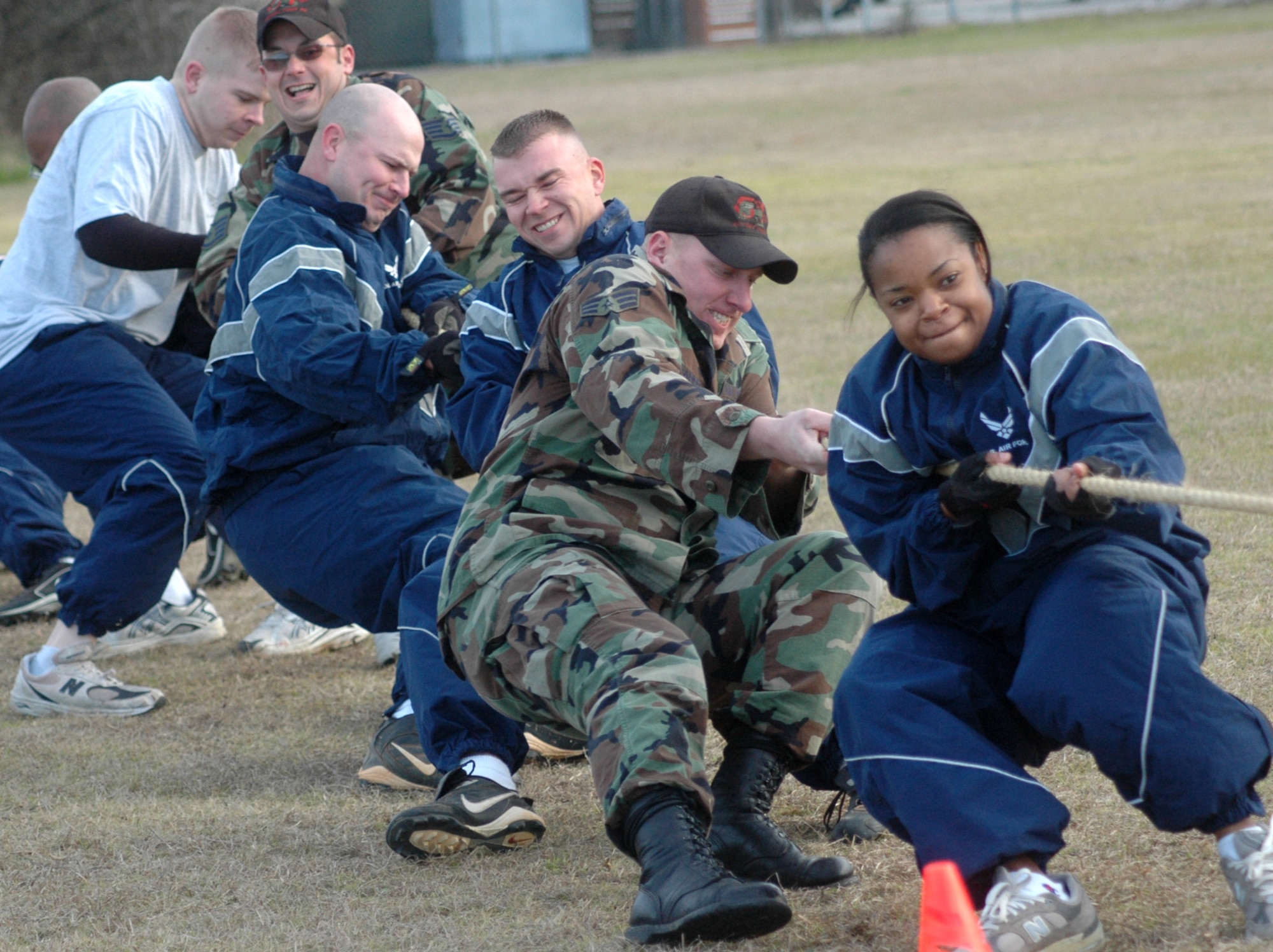 A team from the 51st Combat Communications Squadron competes in the tug-of-war competition. The tug-of- war was just one of many activities during the 5th Group Challenge Day, a morale-building event formerly known as the Gator Challenge. U.S. Air Force photo by Sue Sapp.