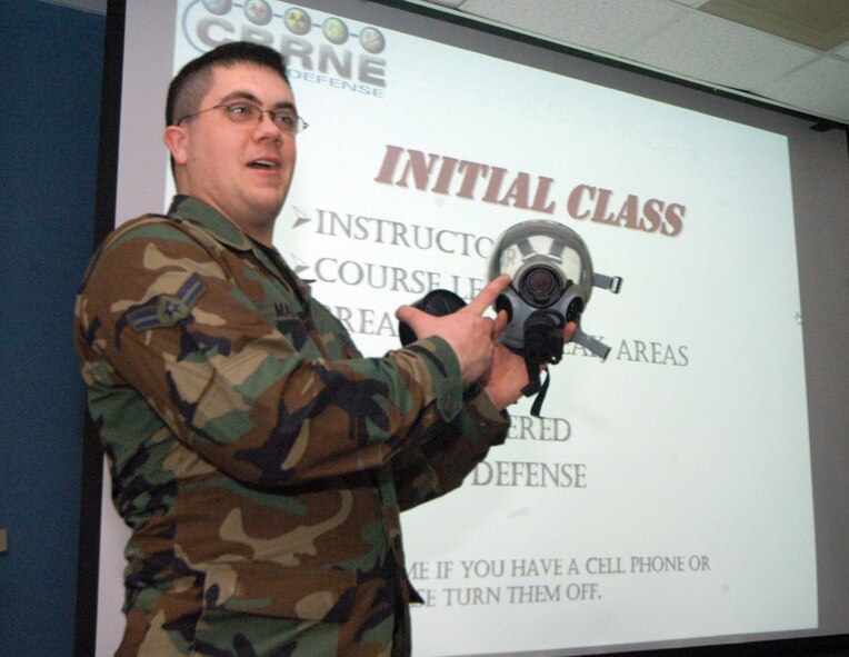 Airman 1st Class Brandon Madden, readiness apprentice in the Readiness Flight training section, teaches a class on proper procedures to follow. U.S. Air Force photo by Sue Sapp.
