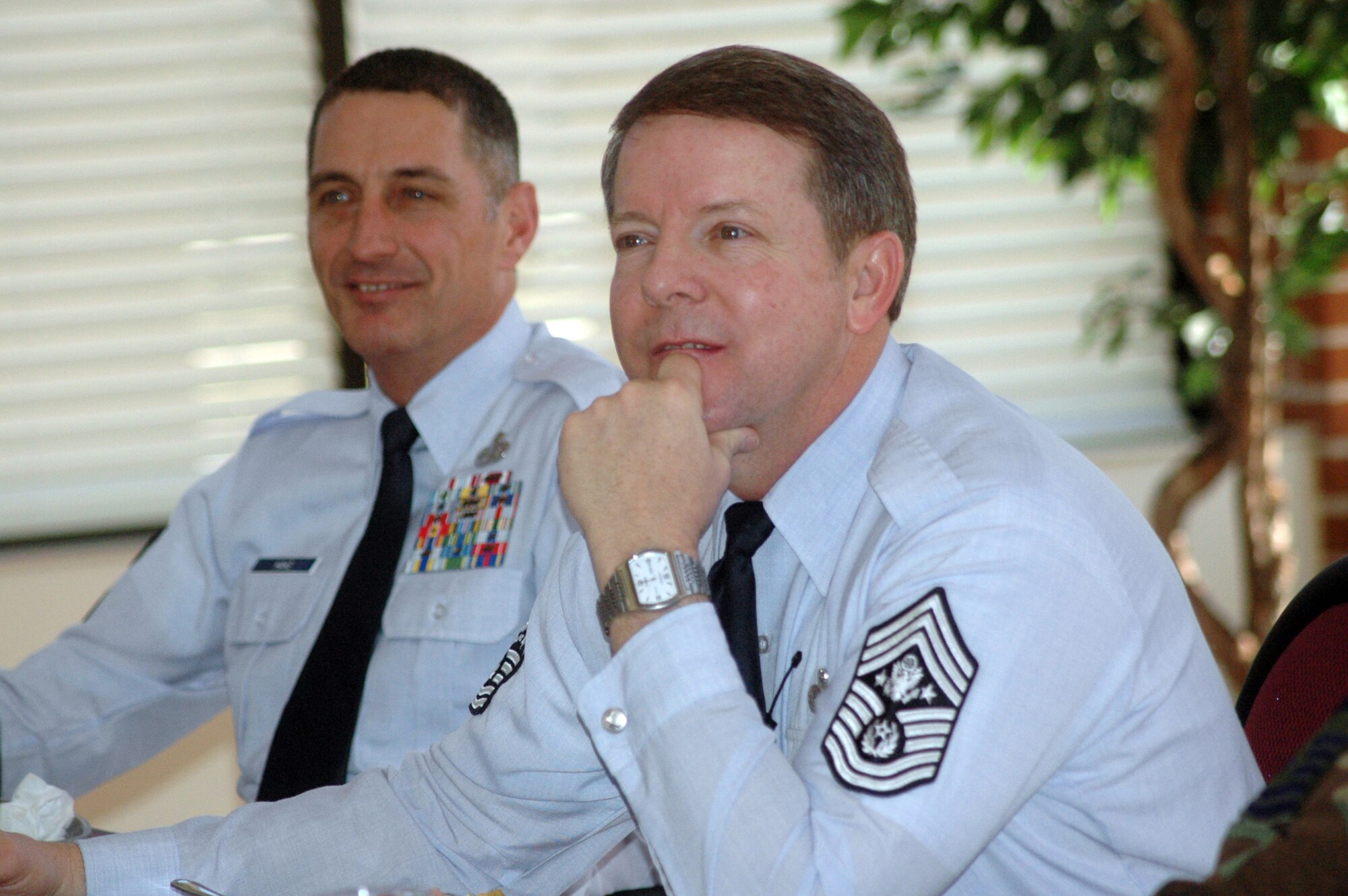 Chief McKinley, right, and Air Force Materiel Command Chief Master Sgt. Jonathan Hake respond to questions from Airmen. U.S. Air Force photo by Sue Sapp.