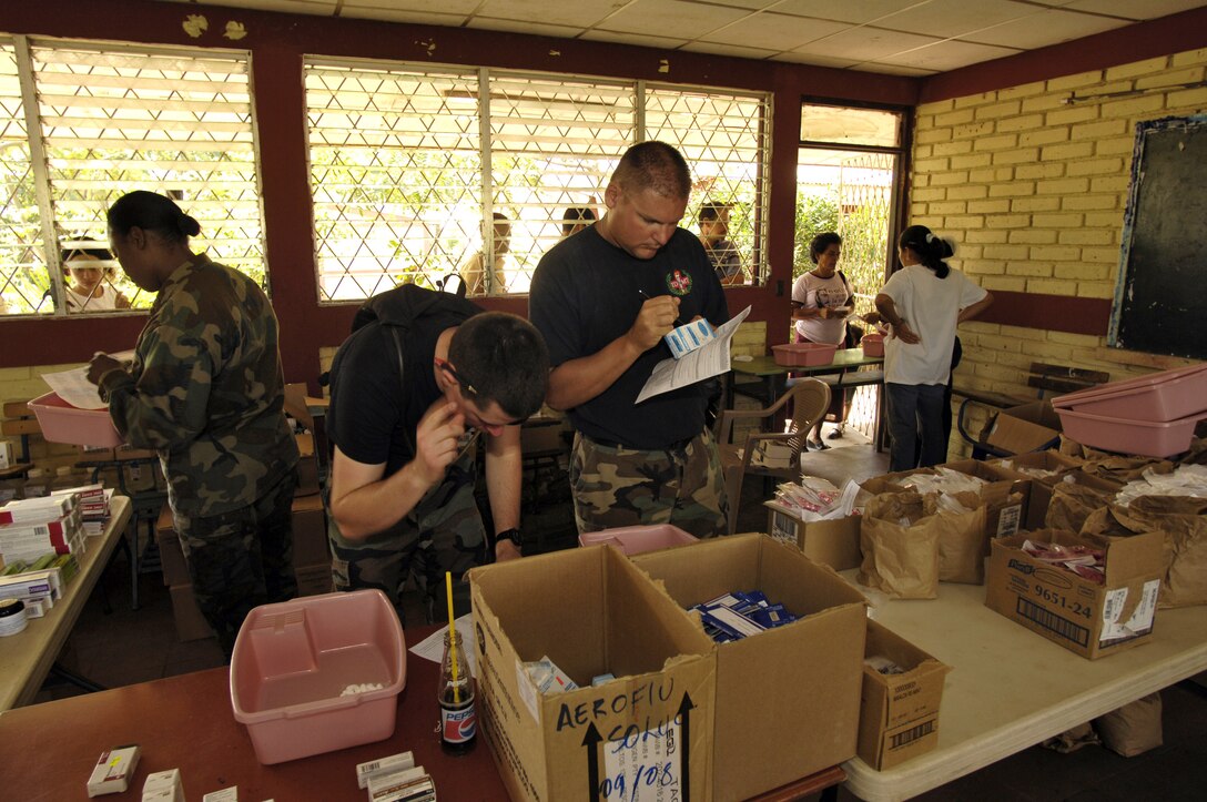 Airmen and local health officials operate a temporary pharmacy out of a school in Santa Teresa while participating in Medical Readiness Training Exercises Feb. 26 during New Horizons - Nicaragua 2007. The $7.25 million joint U.S. and Nicaraguan military humanitarian and training exercise, provides a new school and medical clinic, as well as free health and veterinary care, giving aid and strengthening bonds between the two nations. The Airmen are deployed from the 820th Expeditionary RED HORSE Squadron. (U.S. Air Force photo/Tech. Sgt. Kevin P. Milliken)
