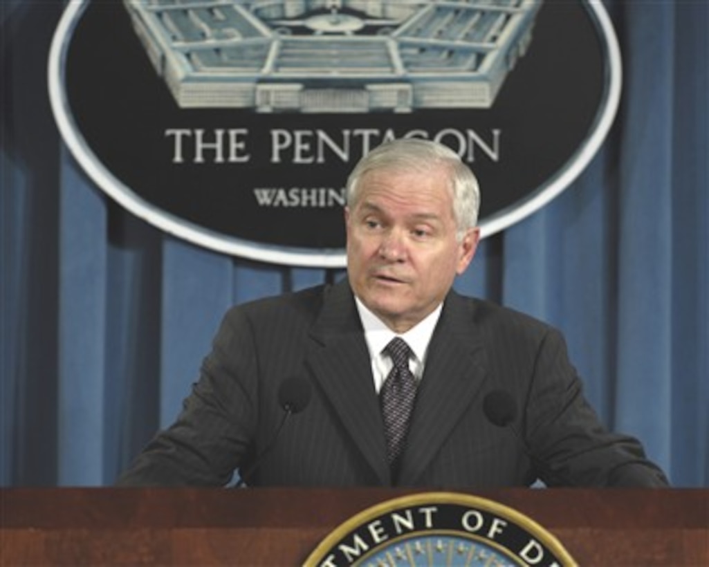Secretary of Defense Robert M. Gates announces to reporters in the Pentagon briefing room that he has accepted the resignation of Secretary of the Army Francis J. Harvey on March 2, 2007.  Gates told reporters that later today, the Army will name a new permanent commander for the Walter Reed Army Medical Center.  Gates also announced that Under Secretary of the Army Pete Geren will be Acting Secretary until a replacement for Harvey is confirmed.  
