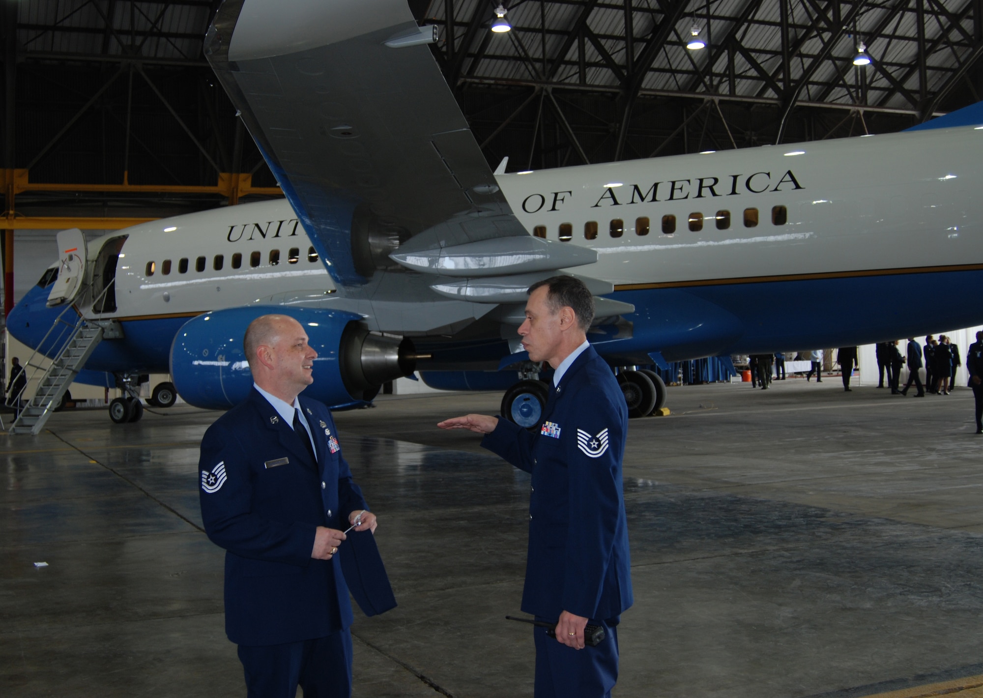 Two Airmen of the 932nd Airlift Wing welcomed a new C-40C Distinguished Visitor airplane straight from the factory.  The wing is the only flying Air Force Reserve Command unit in Illinois.