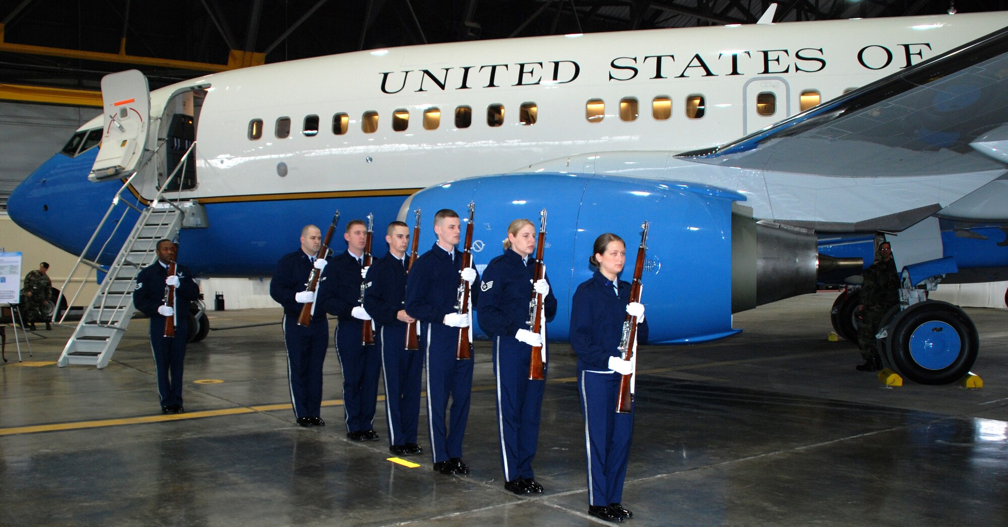 Honor Guards members from both the 375th Airlift Wing and the 932nd Airlift Wing welcomed a new C-40C Distinguished Visitor airplane straight from the factory.