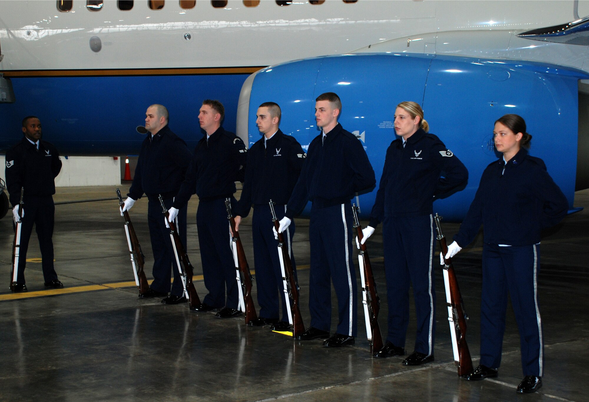 Amazing Honor Guard...The 932nd Airlift Wing and 375th Airlift Wing Honor Guard members welcomed a new C-40C Distinguished Visitor airplane to Scott Air Force Base.  Photo/ TSgt. Gerald Sonnenberg