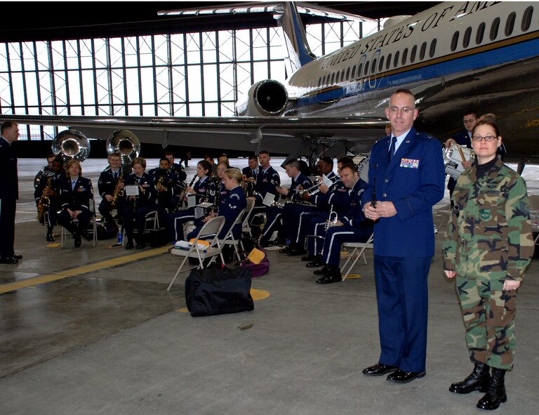 The band played on and on...The band helped the 932nd Airlift Wing and 375th Airlift Wing welcome a new C-40C Distinguished Visitor airplane to Scott Air Force Base.  Photo/ TSgt. Gerald Sonnenberg