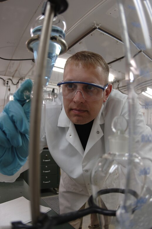 Tech. Sgt. Shandon Domenici, 379th Expeditionary Logistics Readiness Squadron Aerospace Fuels Laboratory technician, performs a specification test on a sample of jet fuel. The lone Aerospace Fuels Laboratory is the only lab in the AOR that provides quality surveillance and field technical assistance on various kinds of aviation fuels, aviator’s breathing oxygen and compressed breathing air used by fire and emergency services personnel. (U.S. Air Force photo by Staff Sgt. David Miller)
