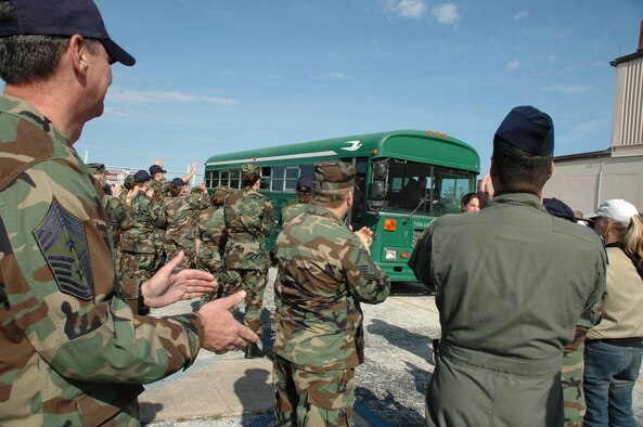 Rescue Wing Airmen clap and wave in admiration for the nearly 70 fellow Air Force reservists from the 920th Rescue Wing here who deployed to Afghanistan March 4 from Patrick Air Force Base, Fla.  The deploying Airmen are scheduled to be gone for various durations of time in support of OPERATION ENDURING FREEDOM. Some Airmen will be gone as long as four months.
