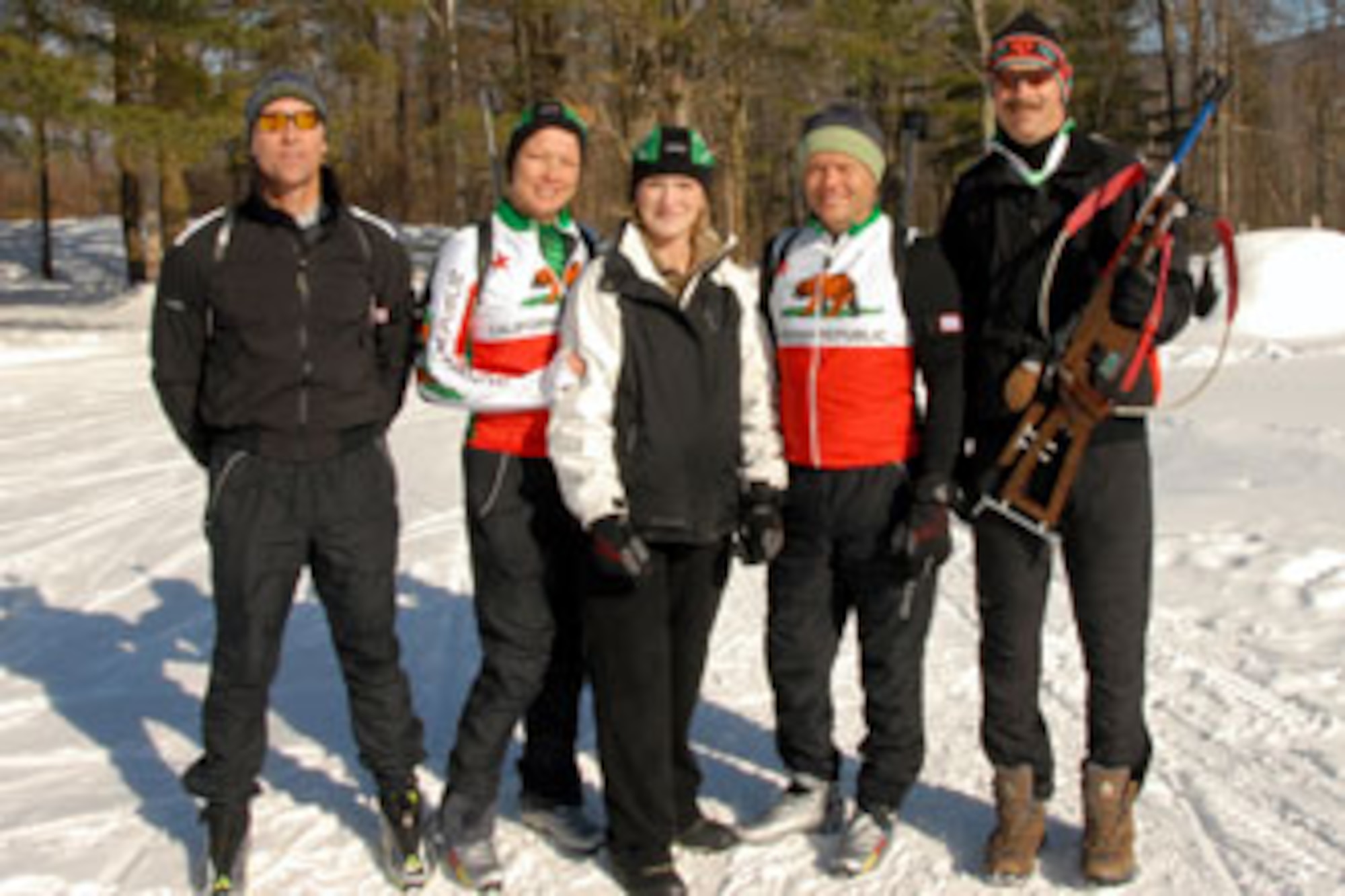 The team poses before completing one of the biathlon events held Feb. 17-25 at Ethan Allen Firing Range in Jericho, Vt. (U.S. Air Force photo by Senior Airman Diane Ducat)