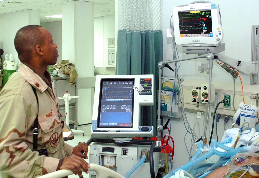 Maj. (Dr.) Clifford Perez, a general surgeon, checks a patient's condition with state-of-the-art equipment at Craig Joint Theater Hospital, on Bagram Air Base, Afghanistan, March 4. The hospital features technology comparable to that found in stateside hospitals. Photo by Staff Sgt. Thomas J. Doscher, USAF