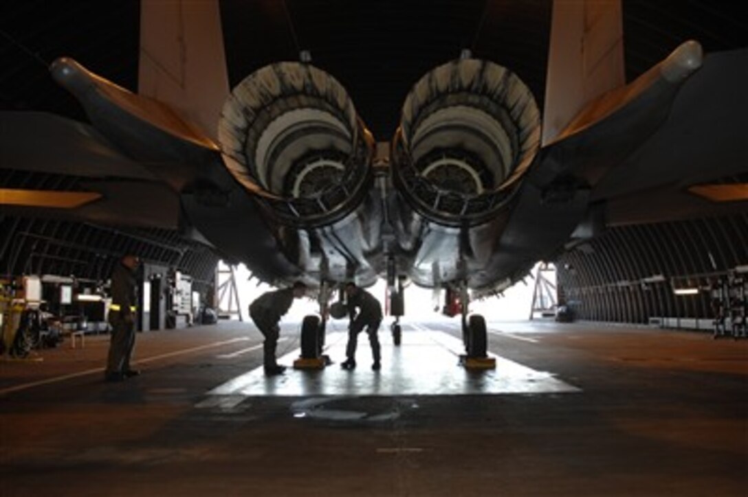 U.S. Air Force Lt. Col. Houston Waring and weapons system officer 1st Lt. James Duncan from the 494th Fighter Squadron take one last look at an F-15E Strike Eagle aircraft prior to a flight on Feb. 7, 2007, at Royal Air Force Base Lakenheath, United Kingdom.  