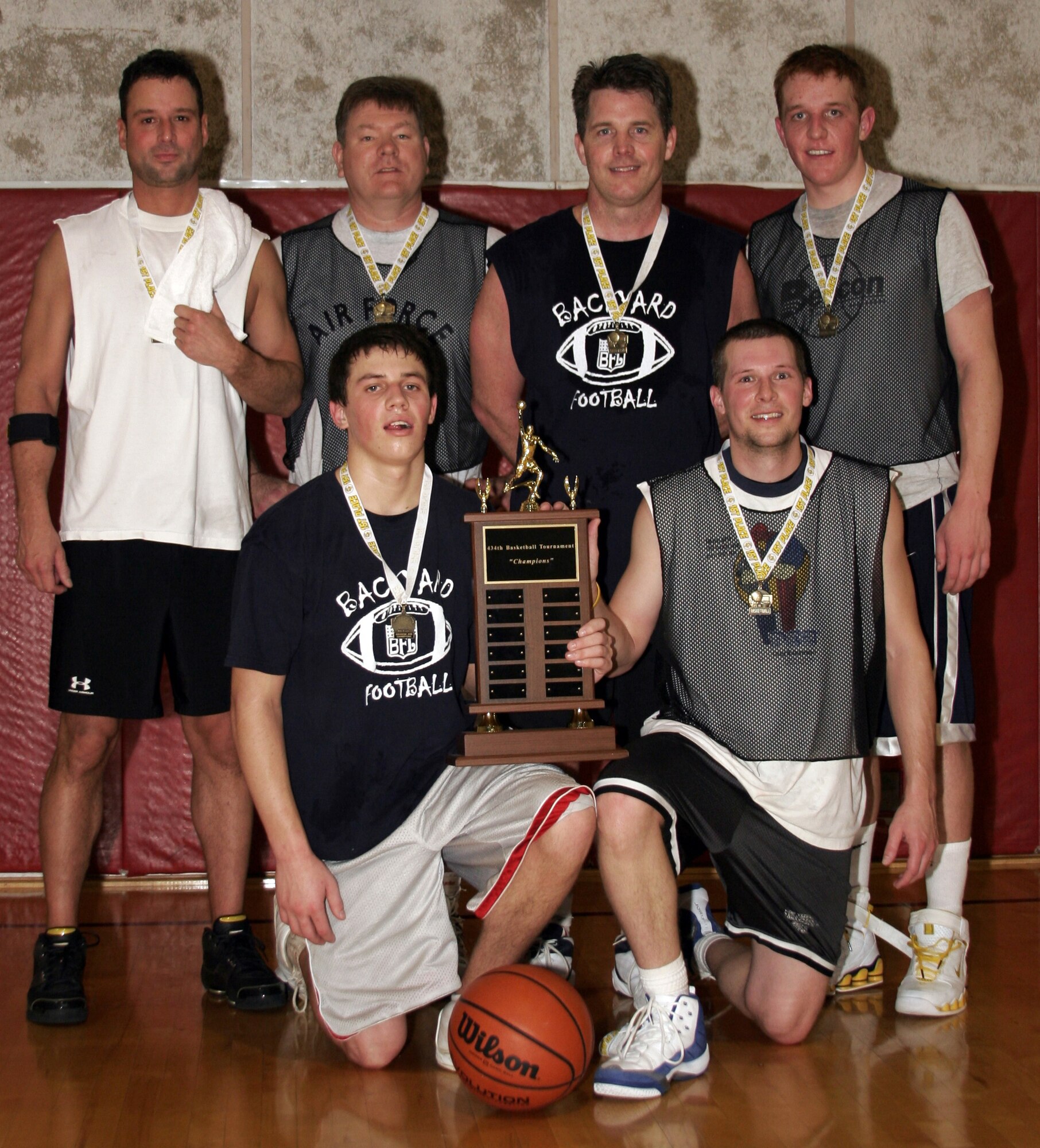GRISSOM AIR RESERVE BASE, Ind.-- The 434th Communications Squadron was crowned champions of Grissom's annual basketball tournament. The communicators rose from the loser's bracket to defeat the 72nd Air Refueling Squadron 53-42. Back row from the left, Trent Ward, Rocklin Ash, Rich Percival, Chris Percival; front row from left, Dan Percival and Cory Walters. (U.S. Air Force photo/Senior Airman Omar Delacruz)