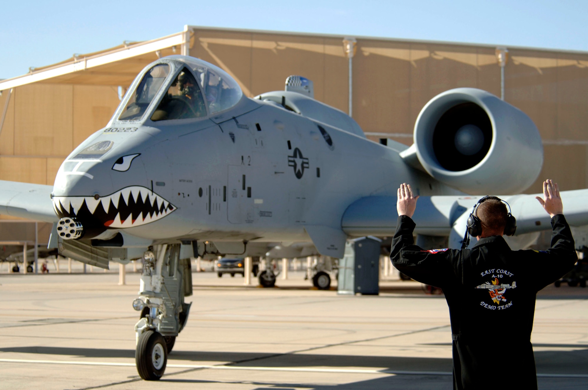 An Air Combat Command East Coast Demonstration Team crew chief marshals an A-10 Thunderbolt II after an aerial demonstration flight March 3 at the 2007 Heritage Conference at Davis-Monthan Air Force Base, Ariz.  The conference provides an opportunity for ACC demonstration pilots to train together with modern and historic military aircraft in preparation for the upcoming air-show season.  The East Coast team is assigned to the 4th Fighter Wing at Pope AFB, N.C.  (U.S. Air Force photo/Senior Airman Christina D. Ponte)