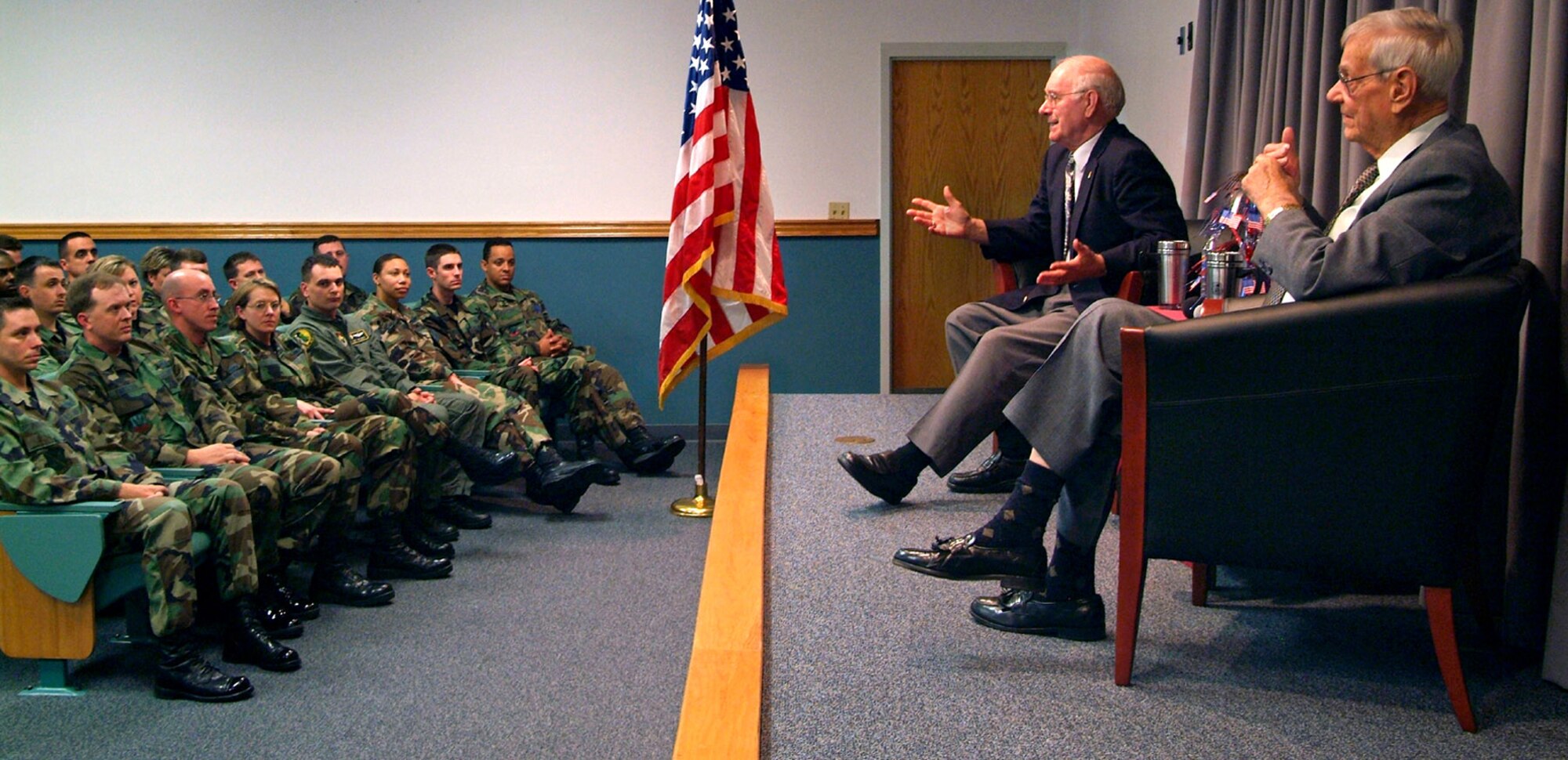 Former Chief Master Sergeants of the Air Force Sam Parish, left, and Paul Airey field questions March 2 from Airmen during a visit to Keesler Air Force Base, Miss. Chief Airey, the first chief master sergeant of the Air Force, was a first sergeant assigned to Keesler in the mid-1950s. Chief Parish was the eighth chief master sergeant of the Air Force. (U.S. Air Force photo/Kemberly Groue) 
