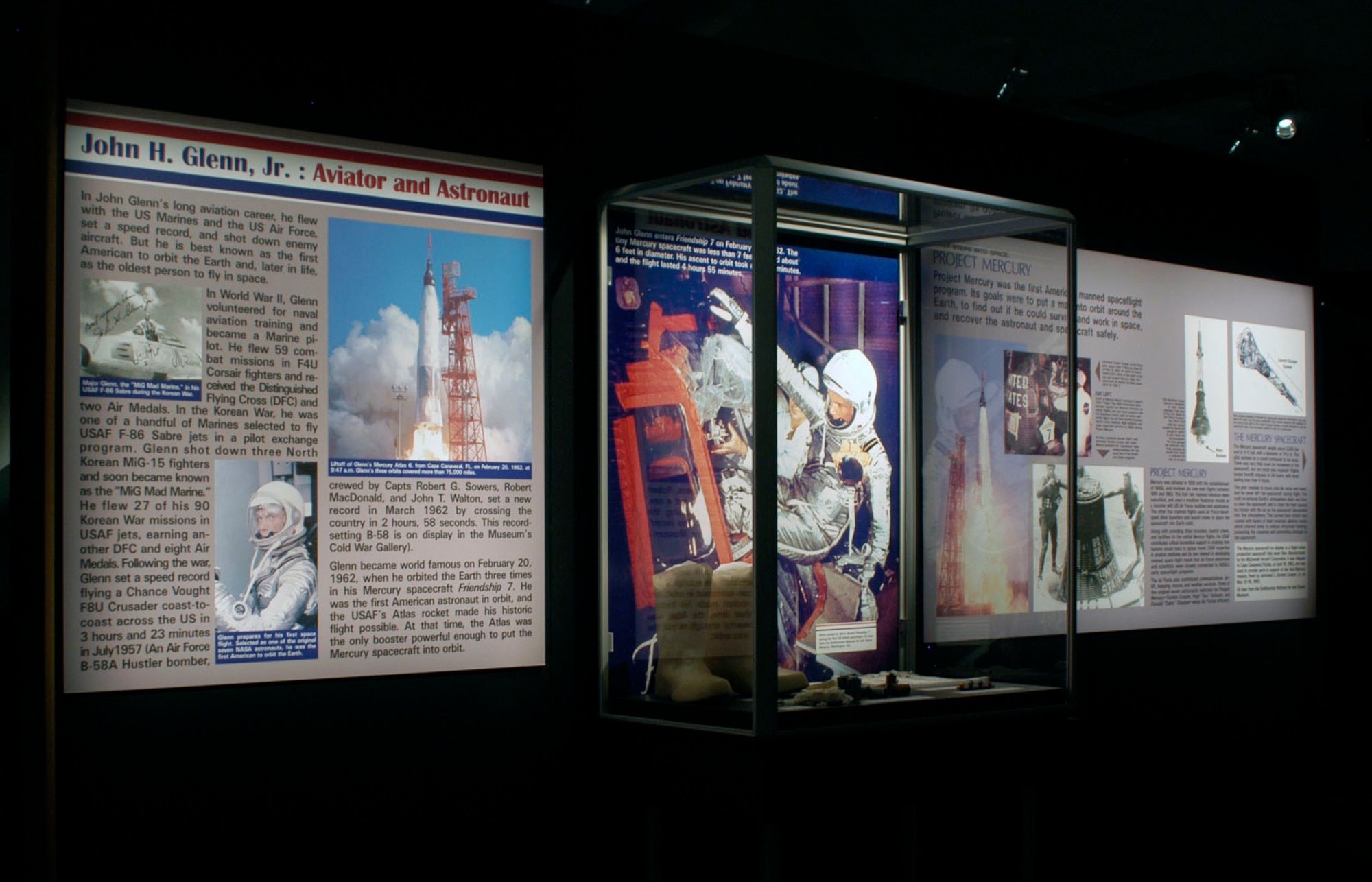 DAYTON, Ohio -- John Glenn exhibit in the Missile & Space Gallery at the National Museum of the United States Air Force. The exhibit features several items carried by Glenn aboard the Friendship 7 during the first U.S. orbital spaceflight. (U.S. Air Force photo)