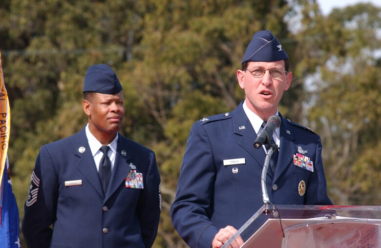 Col. Stephen Tanous delivers a speech after recieving command of the 30th Space Wing on March 5 at Vandenberg.