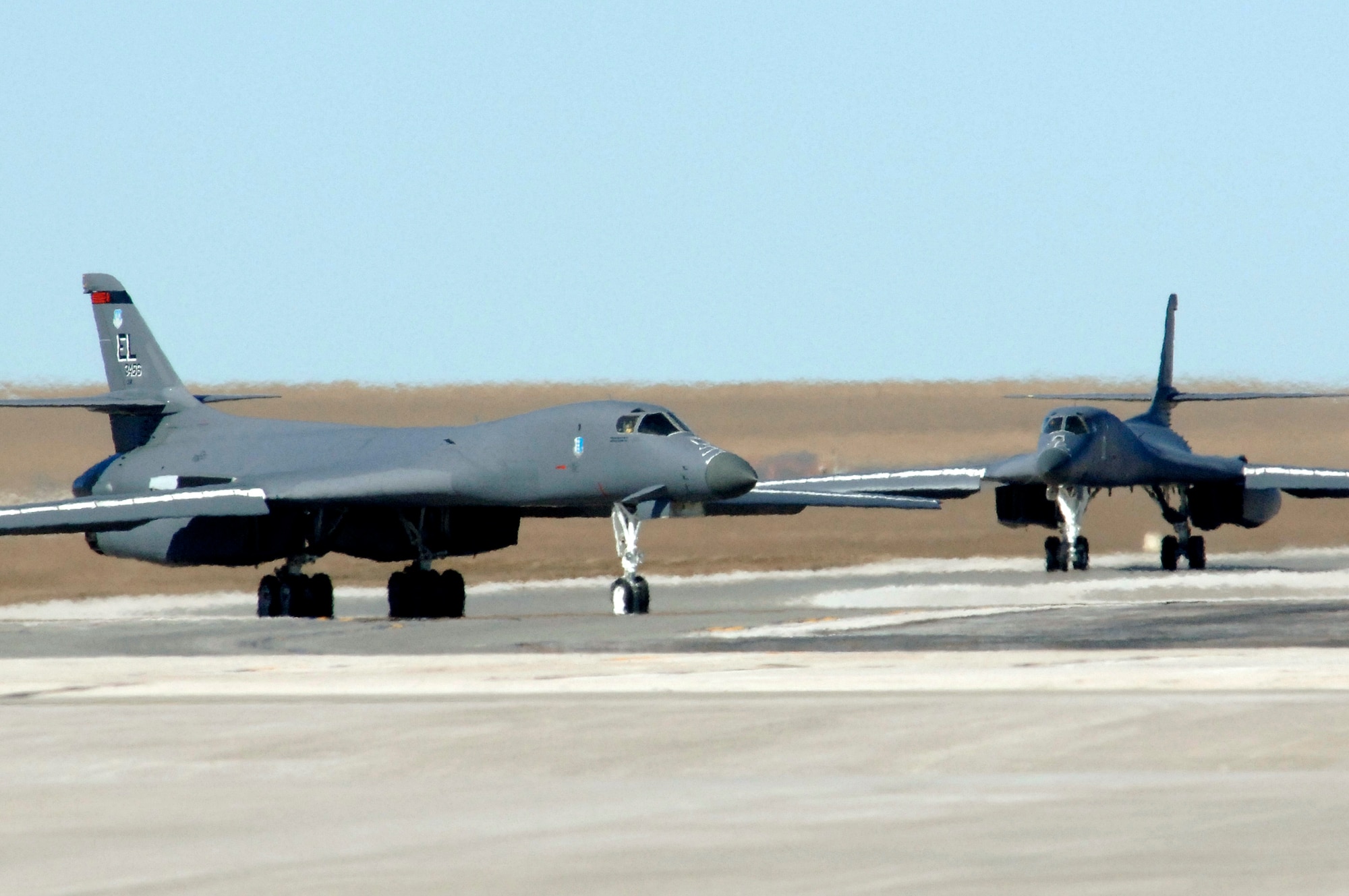 B-1B Lancers from the 34th Bomb Squadron taxi out to the Ellsworth Air Force Base, S.D., runway March 06 for an operational readiness exercise mission.  Base officials are preparing for a scheduled operational readiness inspection later this year.  (U.S. Air Force photo/Staff Sgt. Michael B. Keller)