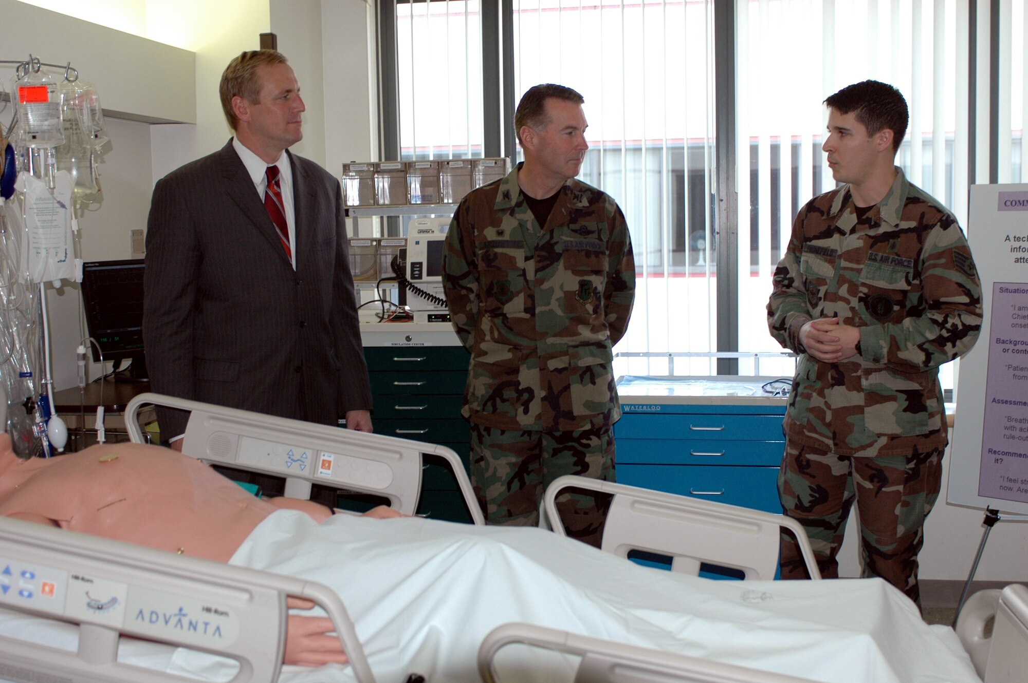 Staff Sgt. Ivan Fronefield, (right), 60th Medical Operations Squadron Sim Center technician, explains to California State Senator Jeff Denham, (R-Merced), and Col. Steve Arquiette, 60th Air Mobility Wing commander, why “Stan” is a vital training tool for the medical staff at the David Grant USAF Medical Center March 1. The senator was on hand to present California Senate Concurrent Resolution 122, which recognizes DGMC as an important segment of America’s Armed Forces and for the contributions they have made to world peace, America’s freedom and the way of life enjoyed by the people of the state of California. (U.S. Air Force photo by Staff Sgt. Candy Knight)