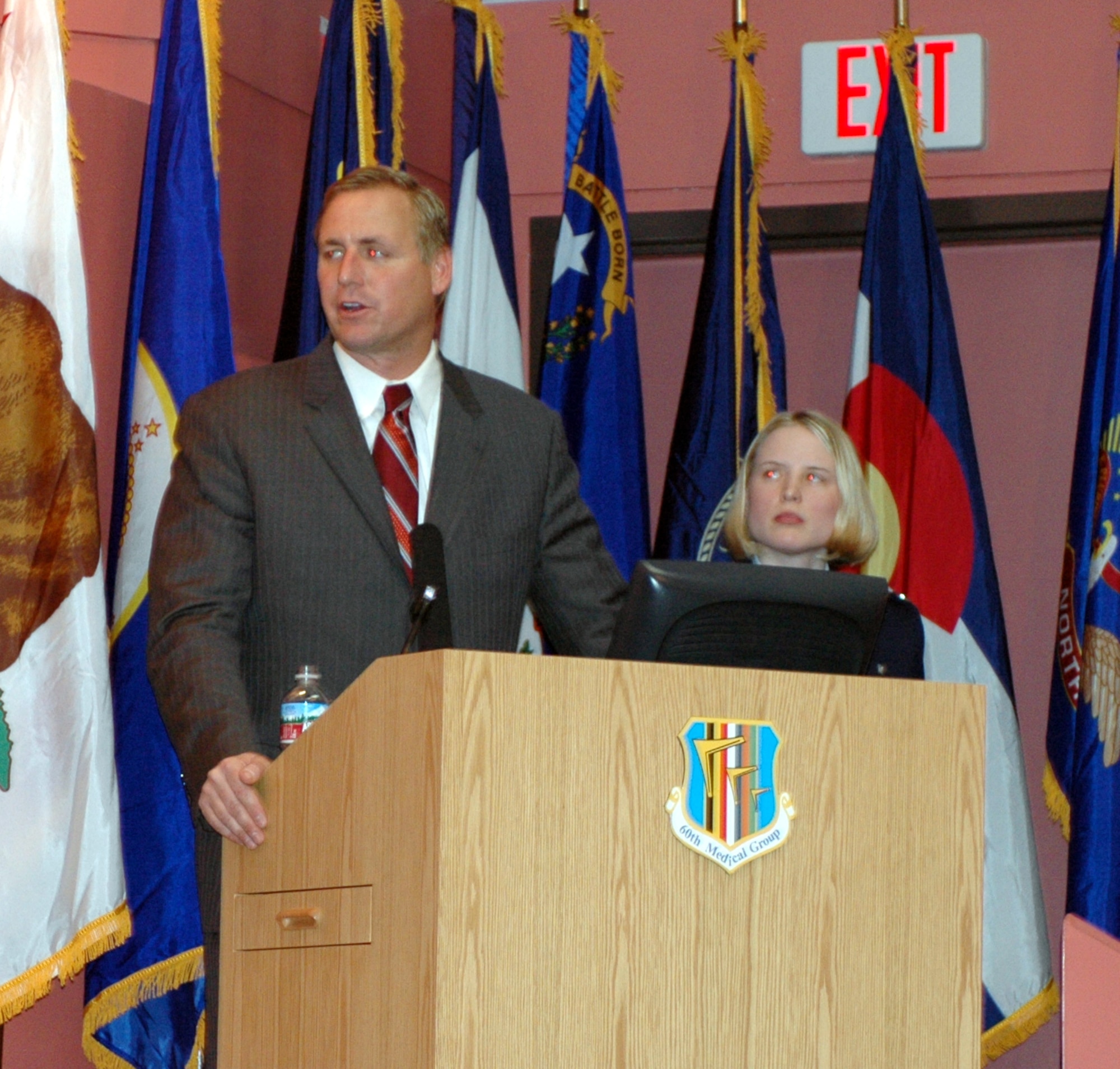 California State Senator Jeff Denham, (R-Merced), addresses the audience during a ceremony at David Grant USAF Medical Center March 1. The senator was on hand to present California Senate Concurrent Resolution 122, which recognizes DGMC as an important segment of America’s Armed Forces and for the contributions they have made to world peace, America’s freedom and the way of life enjoyed by the people of the state of California. (U.S. Air Force photo by Staff Sgt. Candy Knight)