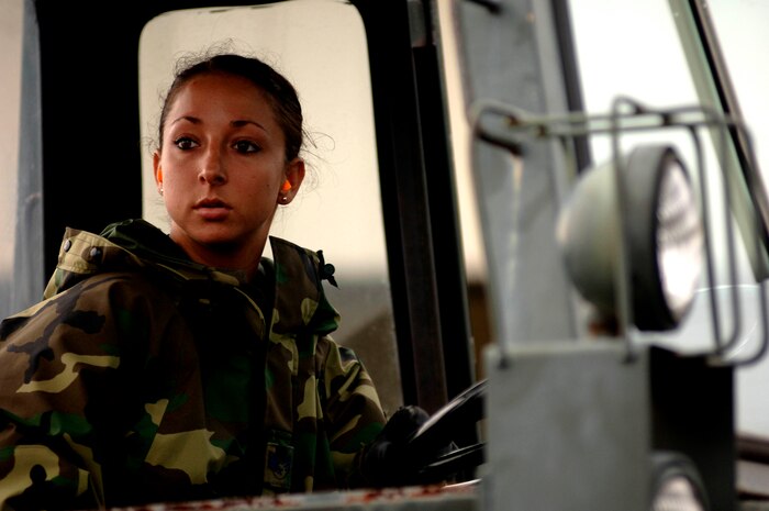 Senior Airman Chrystal Pascalli, 437th Security Forces Squadron, drives a 10K all-terrain forklift on the flightline during the Mobility Exercise here.(RELEASED)(U.S. Air Force Photo by Airman 1st Class Nicholas Pilch)