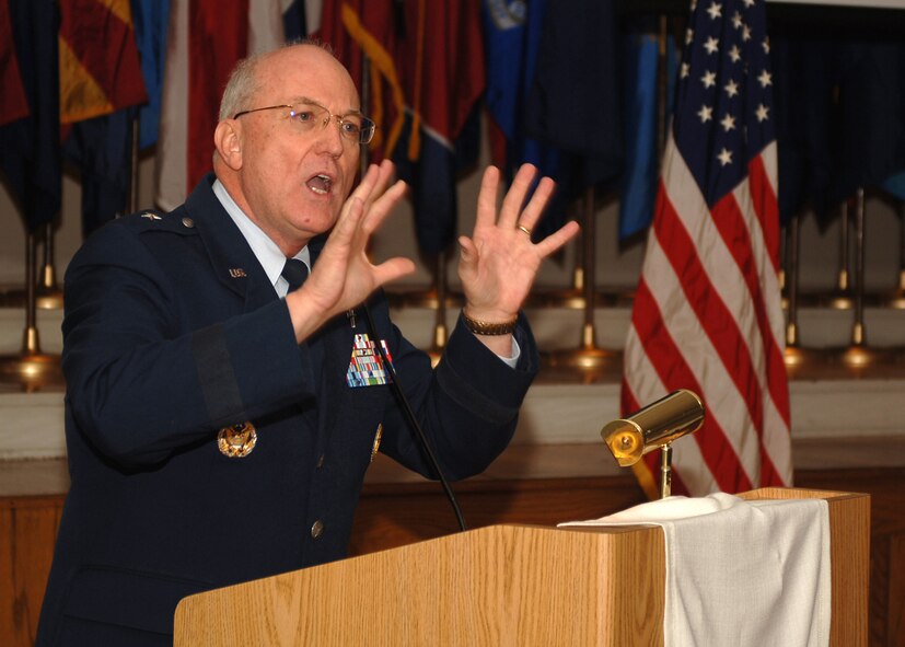 Chaplain (Brig. Gen.) Cecil Richardson, the Air Force Deputy Chief of Chaplains , honors Dyess Air Force Base by speaking at the National Prayer Breakfast March 6. Chaplain Richardson presented a reading from the Bible in military terms that captivated the audience. (U.S. Air Force photo by Airman 1st Class Felicia Juenke)