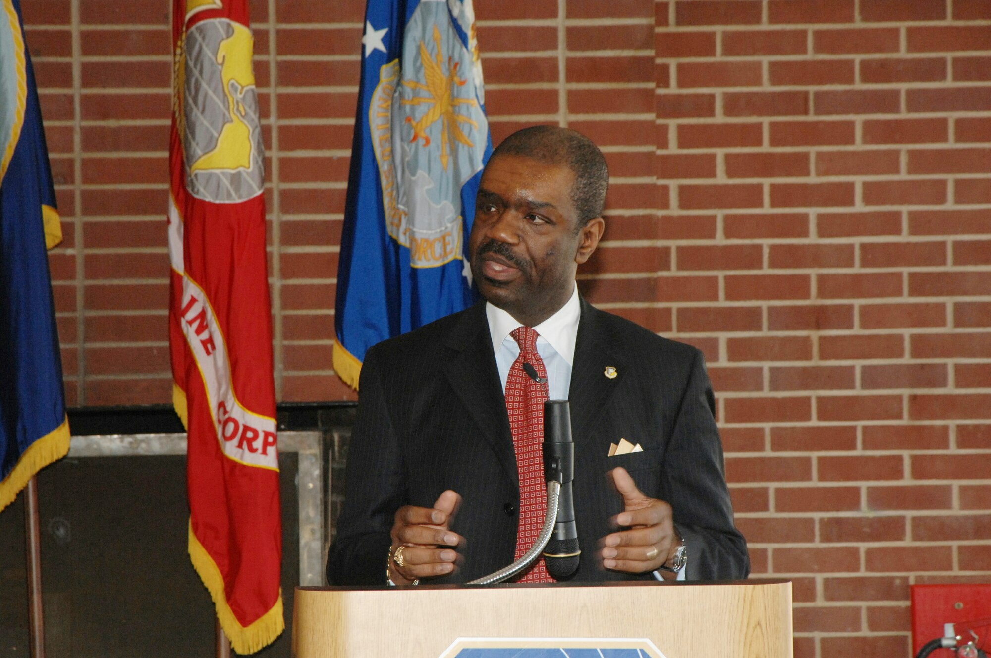 Neville Thompson, a senior engineer in the Office of the Deputy Assistant Secretary of the Air Force (Science, Technology and Engineering), speaks at the African American Heritage Luncheon at Arnold Air Force Base Feb. 23.  He challenged participants to strive to make a difference in the lives of young people by encouragement, mentoring and other acts of service. (Photo by David Housch)