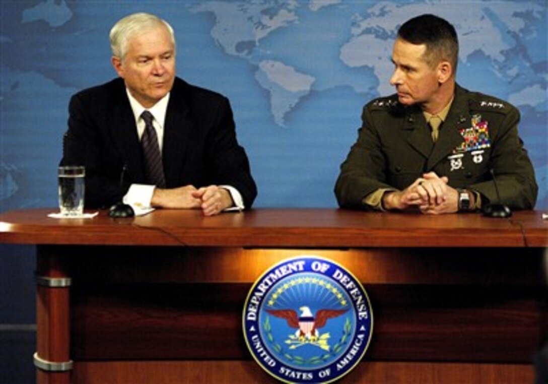 Defense Secretary Robert M. Gates and Chairman of the Joint Chiefs of Staff Marine Gen. Peter Pace hold a press conference at the Pentagon.
