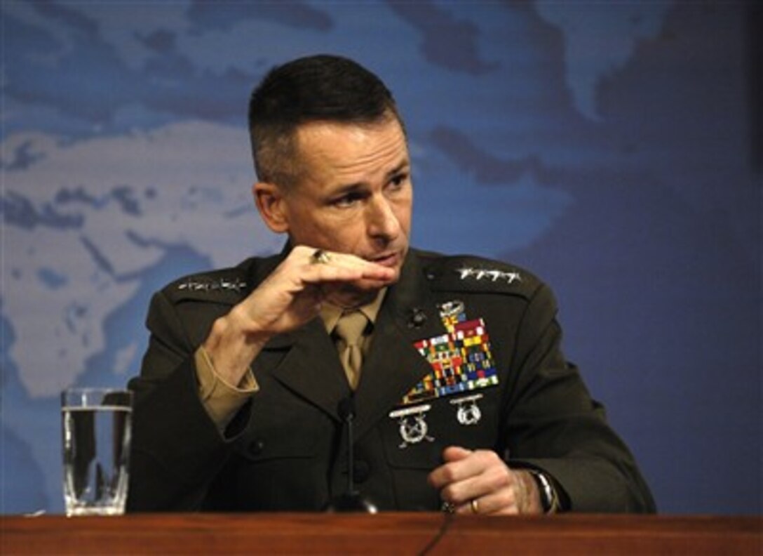 Chairman of the Joint Chiefs of Staff U.S. Marine Gen. Peter Pace fields a question during a news conference at the Pentagon, March 7, 2007.