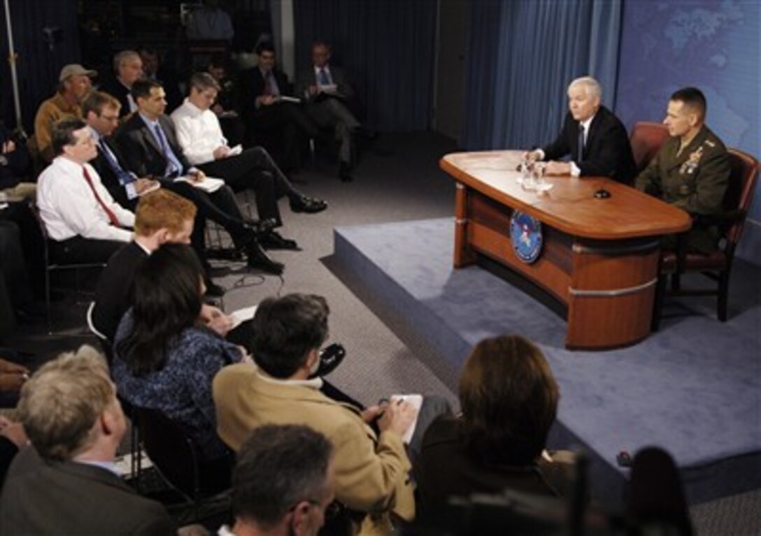 Defense Secretary Robert Gates and Chairman of the Joint Chiefs of Staff U.S. Marine Gen. Peter Pace conduct a news conference at the Pentagon, March 7, 2007.