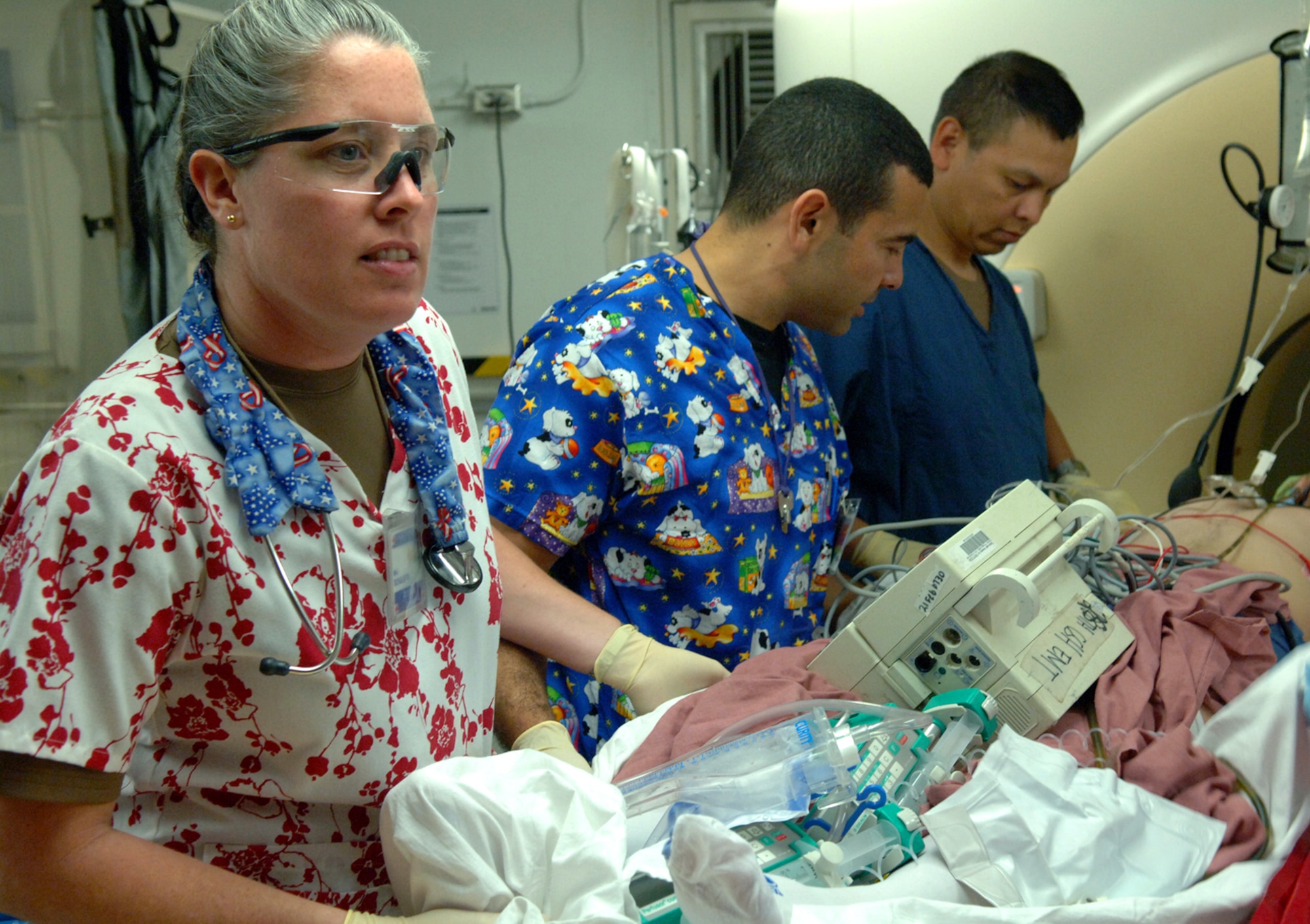 Major Dianna Schulkers, nurse manager of the emergency department at the Air Force Theater Hospital at Balad Air Base, Iraq, is used to caring for trauma patients with war wounds such as bomb blasts, gunshot wounds, and burns. She is an Air Force Reservist, deployed from the 920th Aeromedical Staging Squadron at Patrick Air Force Base, Fla., and is also a emergency department nurse at Cape Canaveral Hospital in Florida. (U.S. Air Force photo/Airman 1st Class Nathan Doza) 